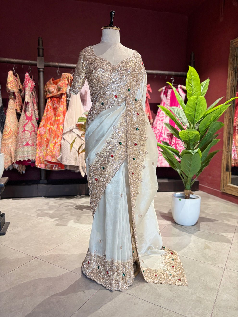 Luxury Designer Saree with Pearl, Sequins, Cutdana, Beads Embroidery Work Saree & Stone Work with Readymade Blouse - Ivory Gold (SC27118) - Image 6
