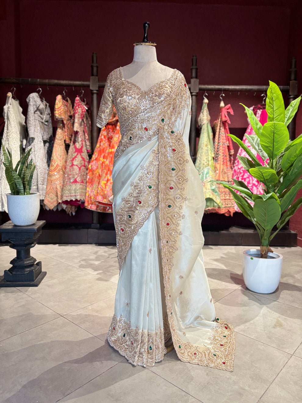 Luxury Designer Saree with Pearl, Sequins, Cutdana, Beads Embroidery Work Saree & Stone Work with Readymade Blouse - Ivory Gold (SC27118) - Image 7