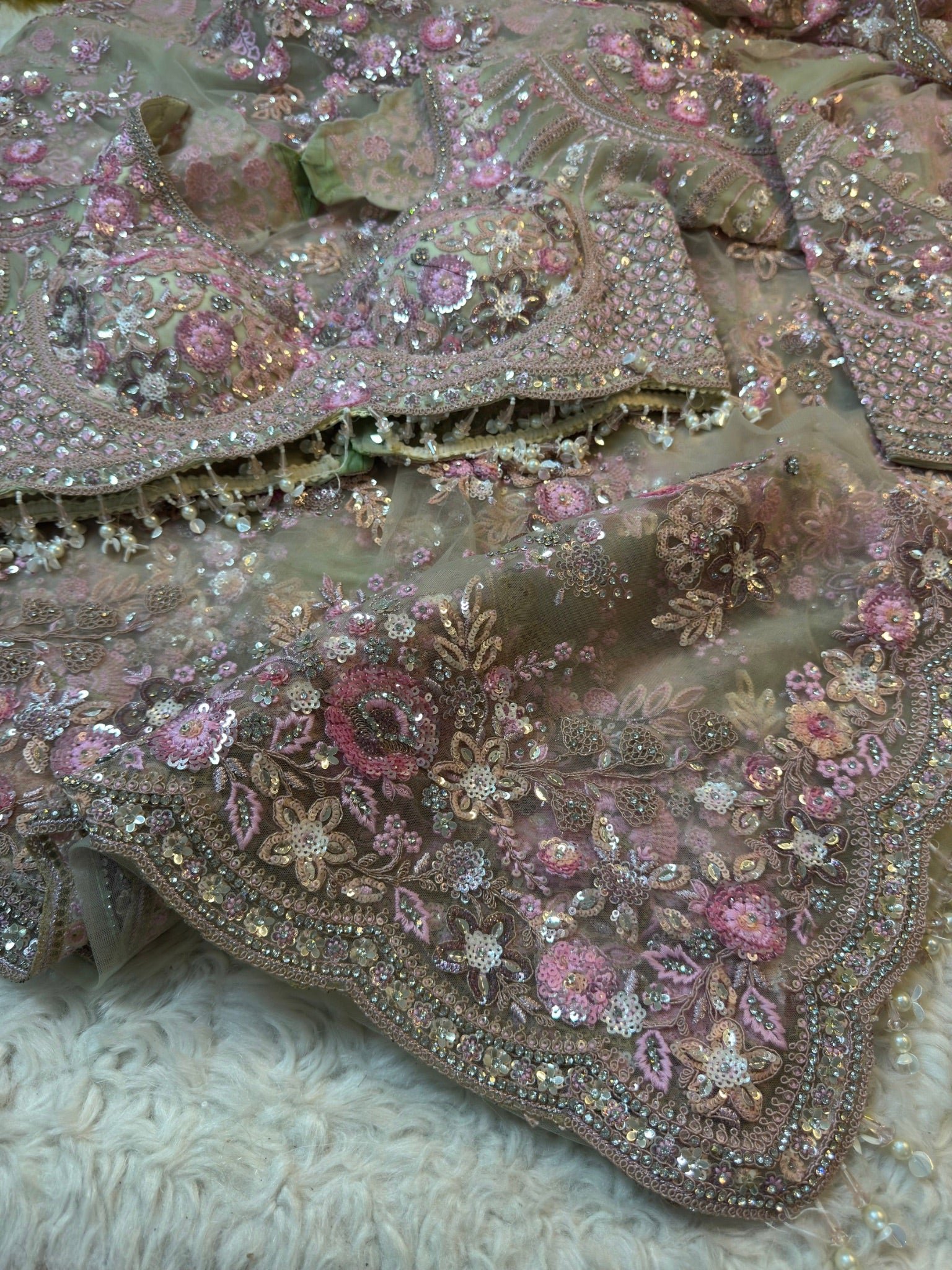 Luxury Designer Soft Net Saree with Pearl, Sequins, Cutdana Beads & Multi Thread Embroidery Work with Readymade Blouse - Pistachio Pearl (SC51112)