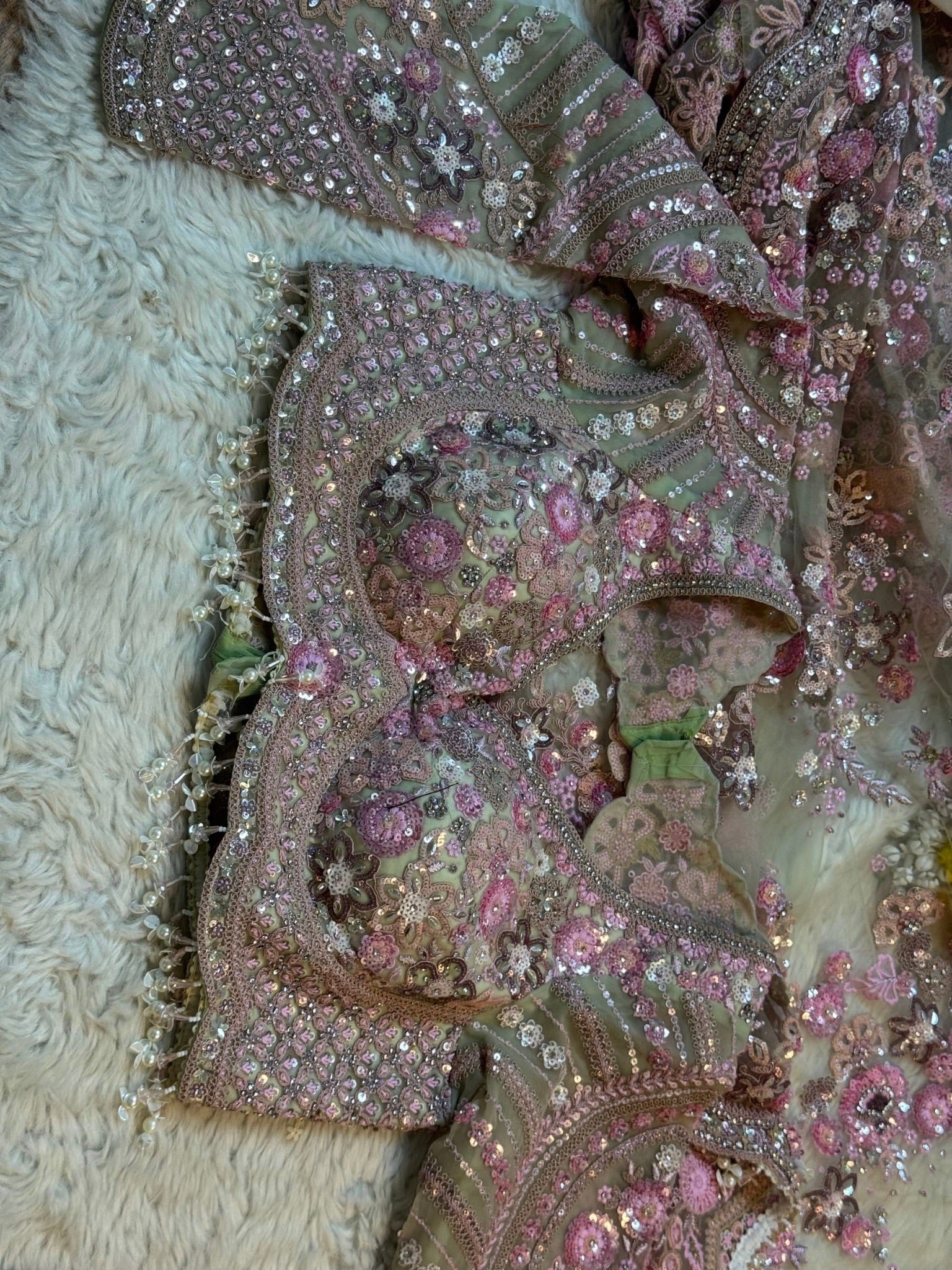 Luxury Designer Soft Net Saree with Pearl, Sequins, Cutdana Beads & Multi Thread Embroidery Work with Readymade Blouse - Pistachio Pearl (SC51112) - Image 4