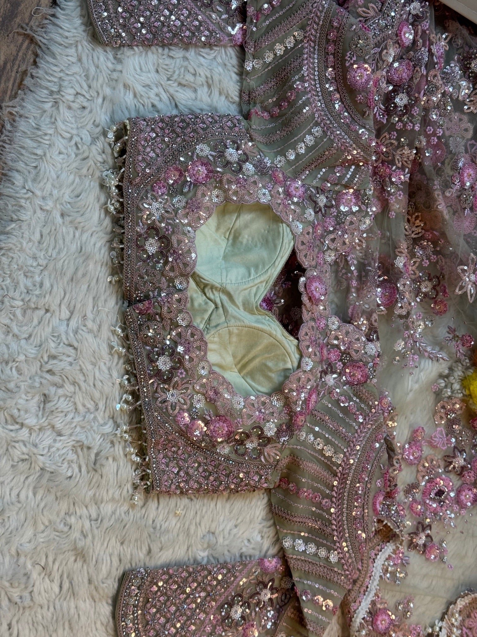 Luxury Designer Soft Net Saree with Pearl, Sequins, Cutdana Beads & Multi Thread Embroidery Work with Readymade Blouse - Pistachio Pearl (SC51112) - Image 5