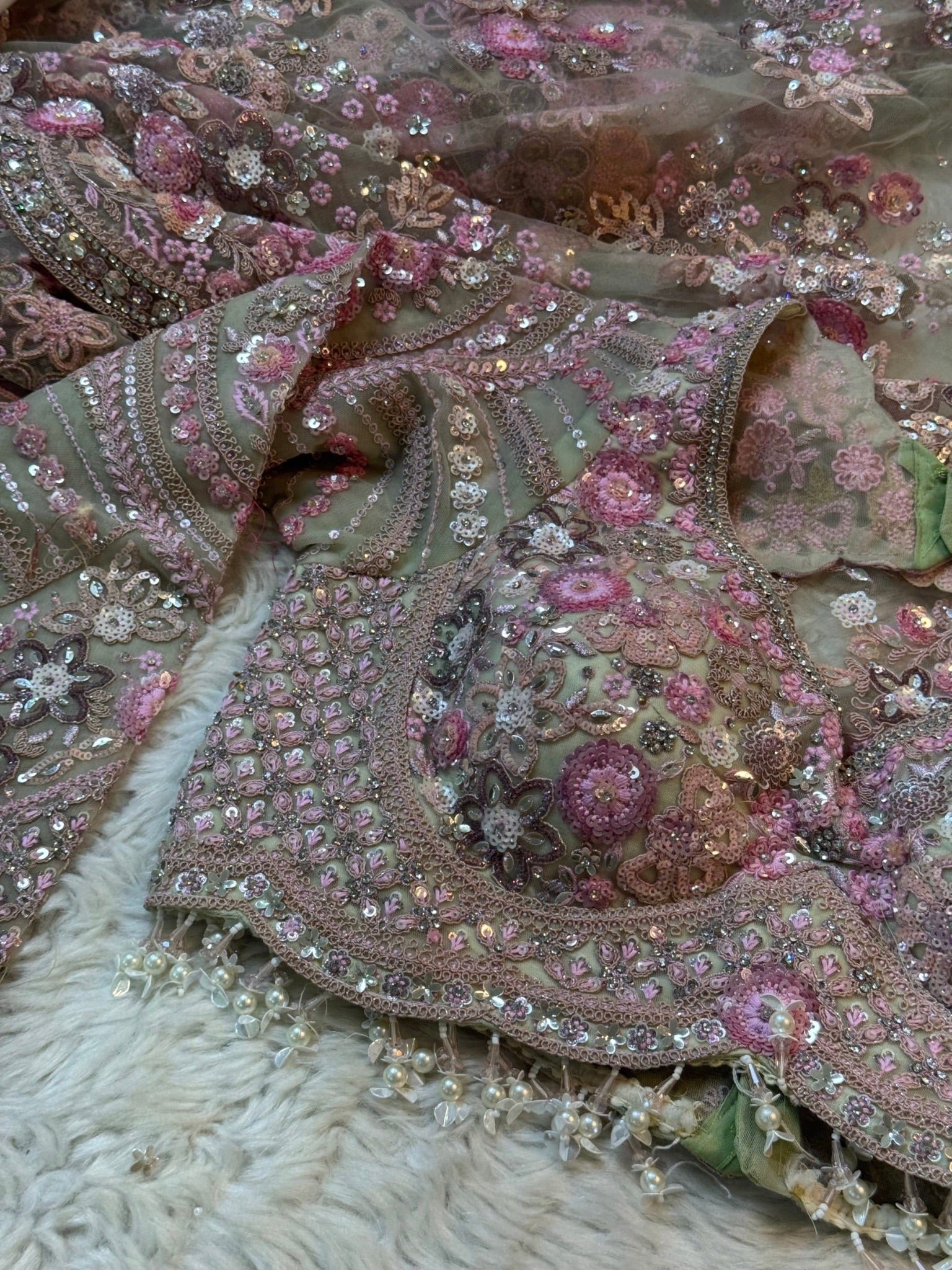 Luxury Designer Soft Net Saree with Pearl, Sequins, Cutdana Beads & Multi Thread Embroidery Work with Readymade Blouse - Pistachio Pearl (SC51112) - Image 2