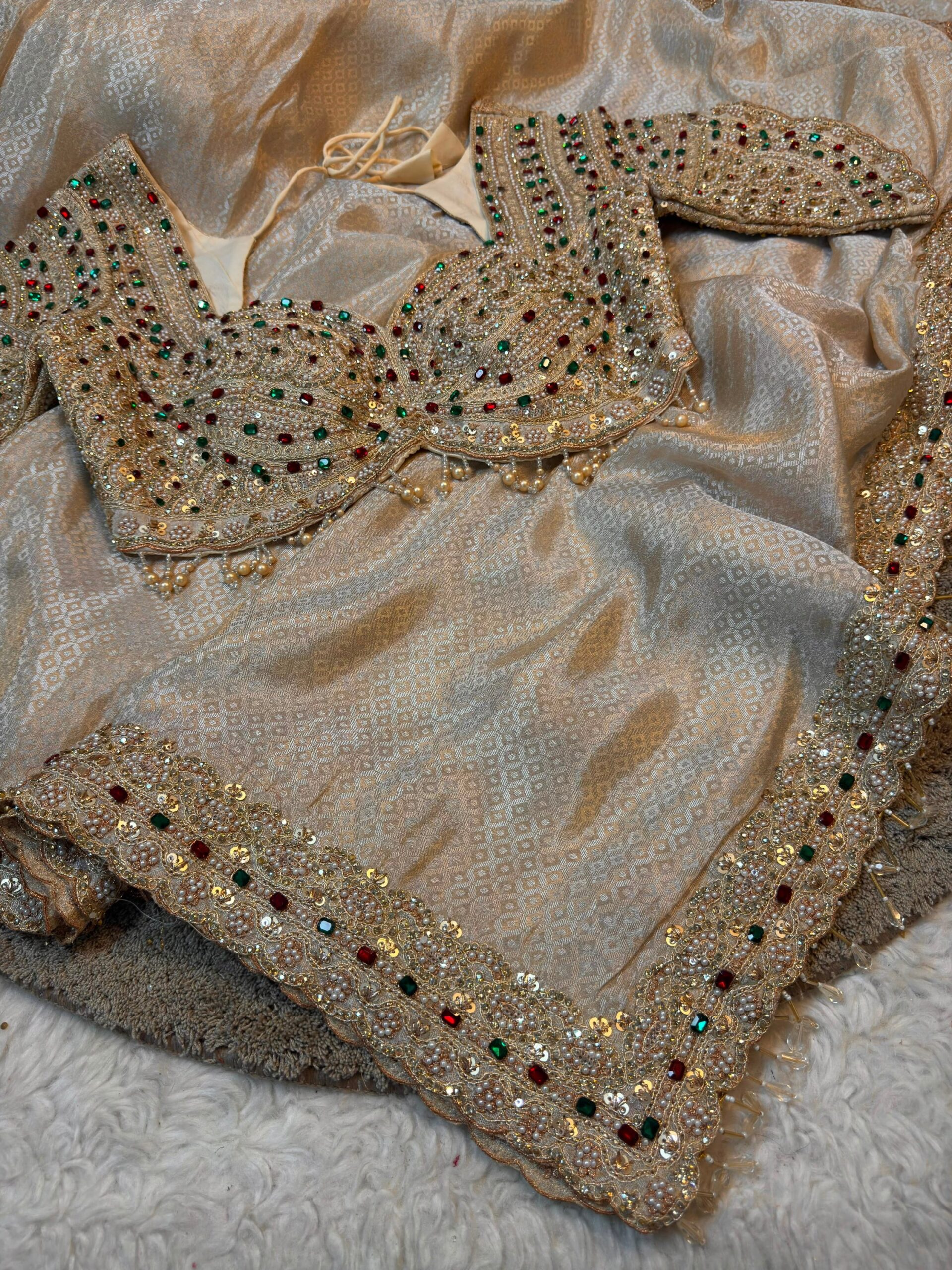 Luxury Jacquard Silk Saree with Multicolour Handcrafted Pearl, Zari & Stone Work with Readymade Blouse - Champagne Gold (SC51115)