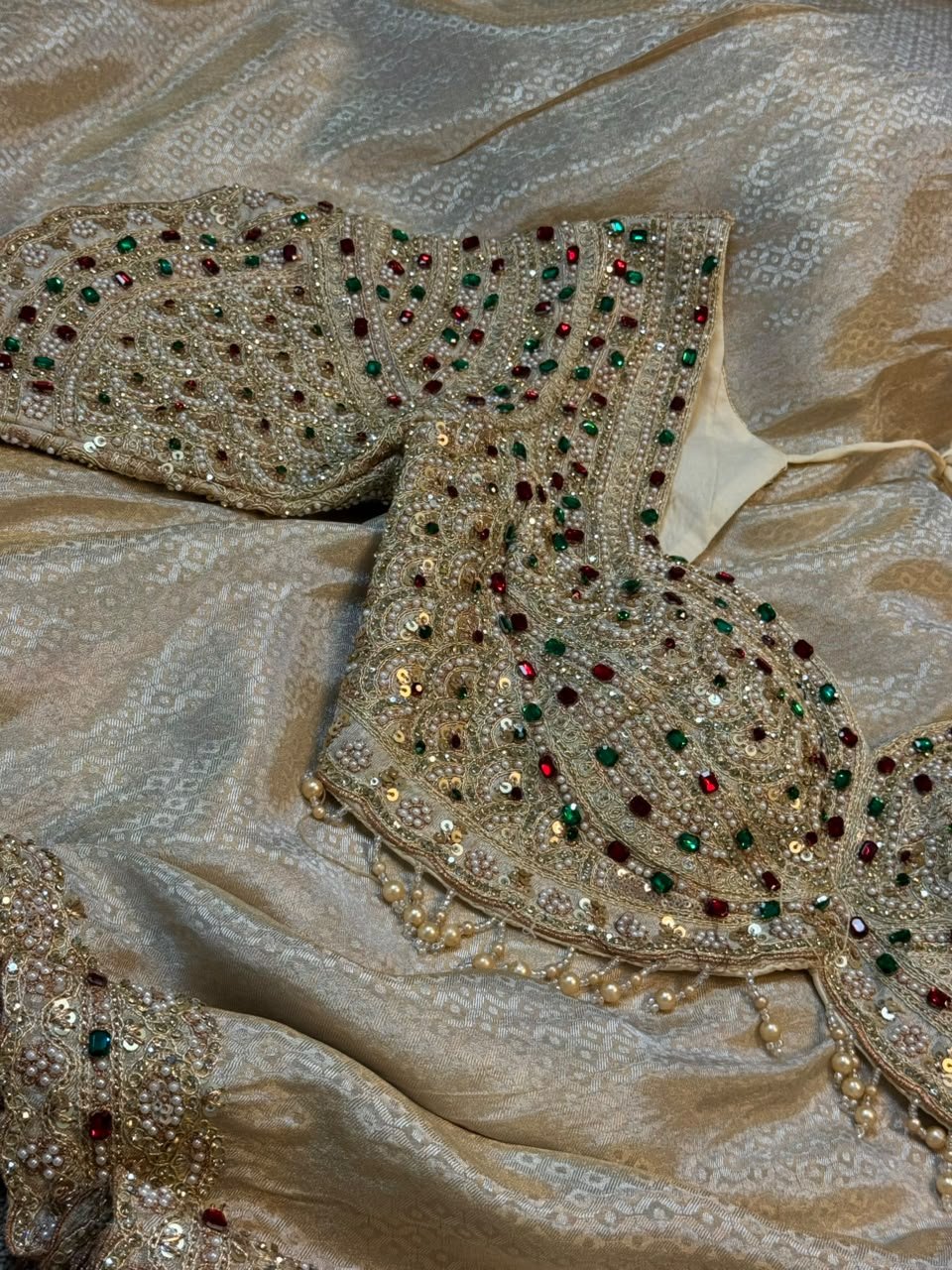 Luxury Jacquard Silk Saree with Multicolour Handcrafted Pearl, Zari & Stone Work with Readymade Blouse - Champagne Gold (SC51115) - Image 2
