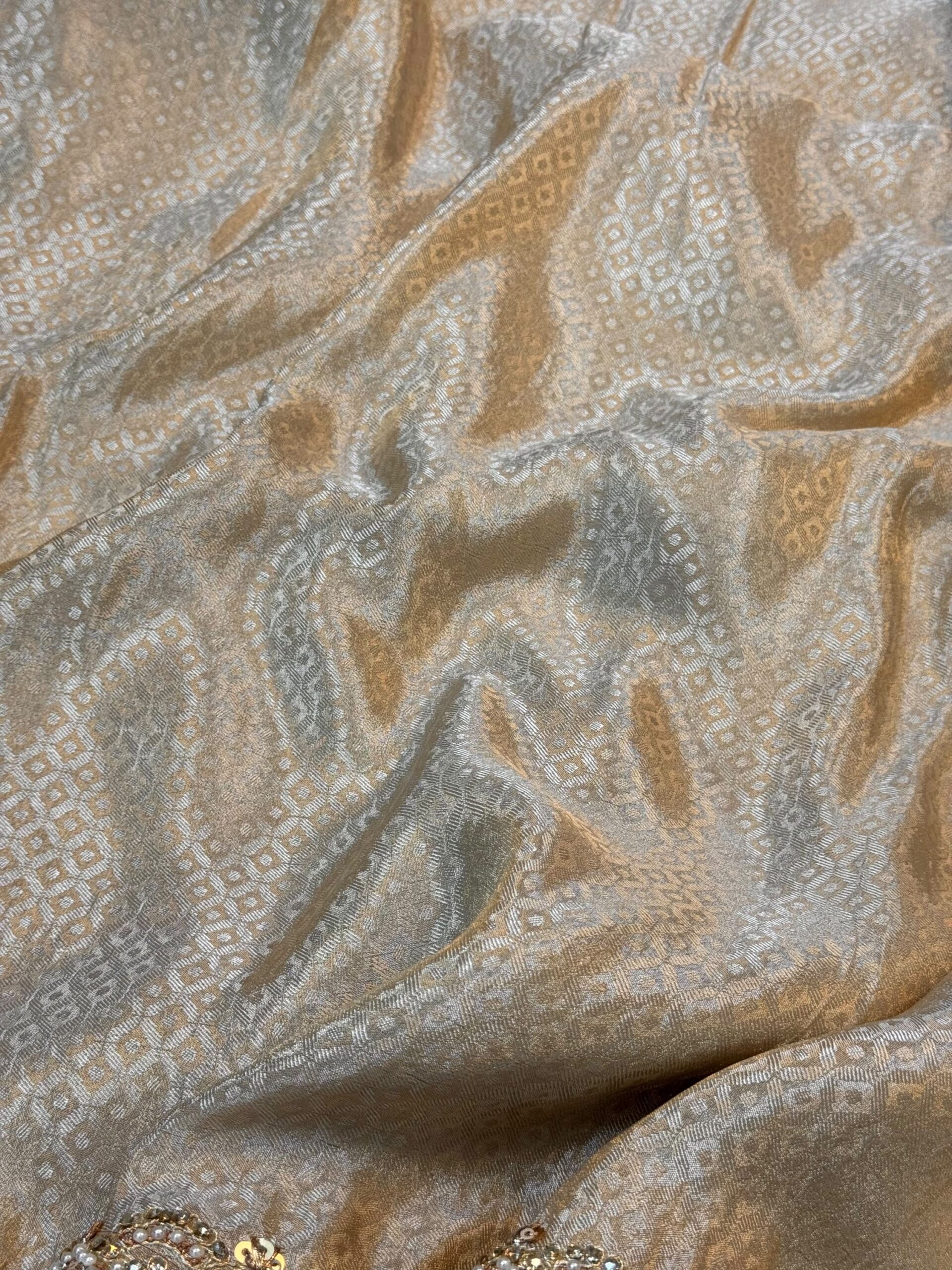 Luxury Jacquard Silk Saree with Multicolour Handcrafted Pearl, Zari & Stone Work with Readymade Blouse - Champagne Gold (SC51115) - Image 6