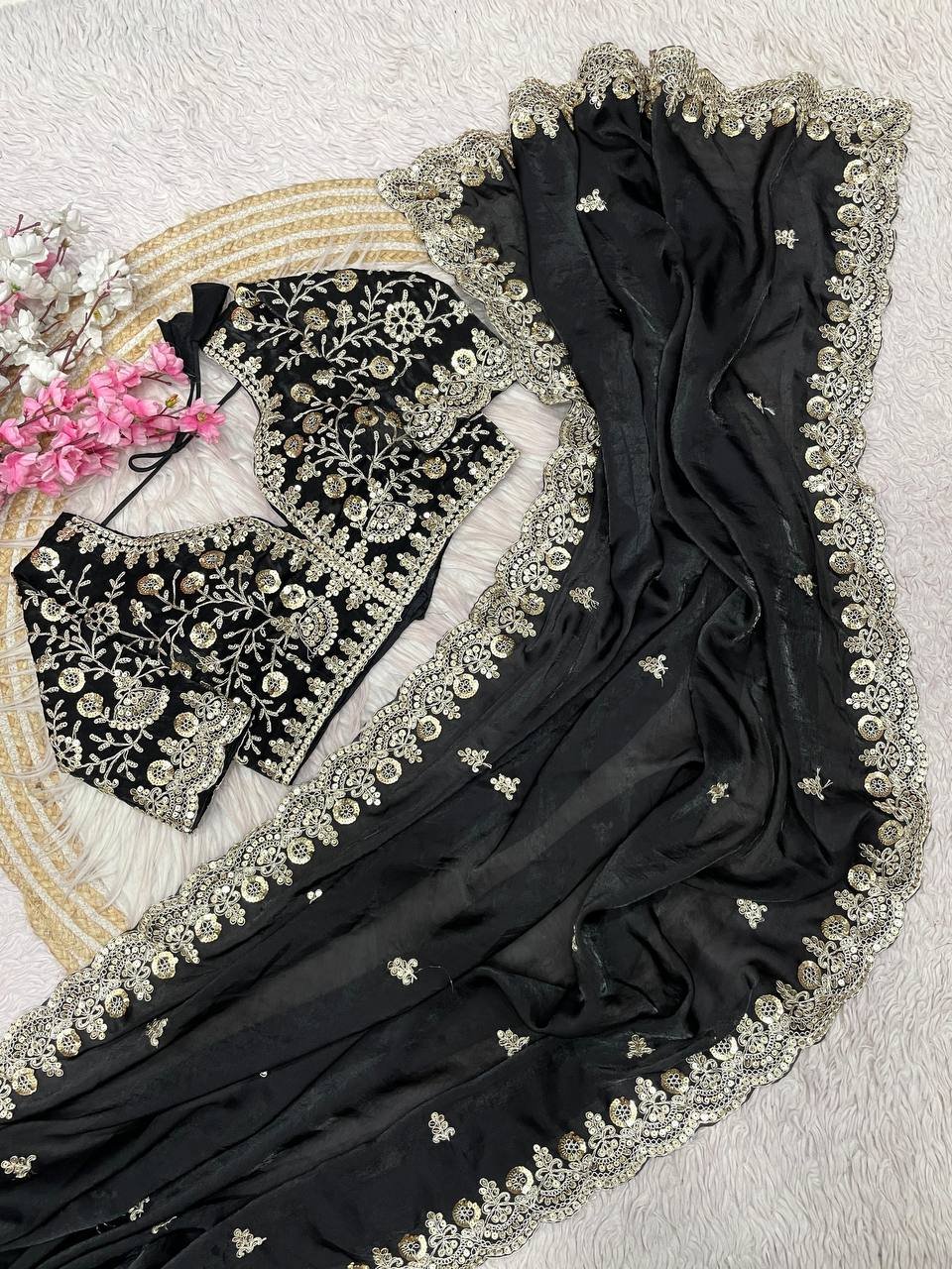Black Zariwork & Heavy Sequins Embroidery Fandy Satin Silk Saree with Readymade Blouse (SC35317) - Image 3
