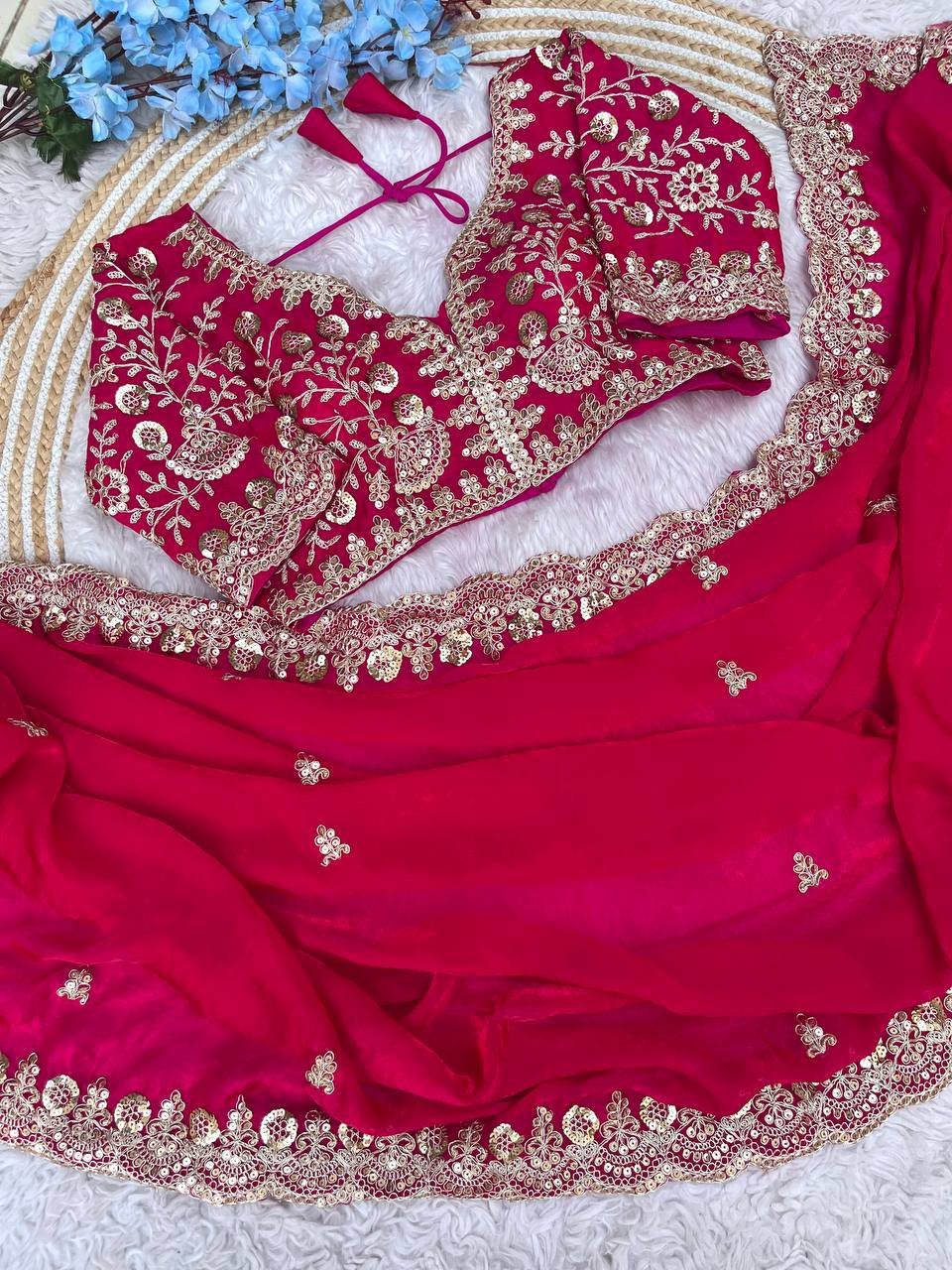 Pink Zariwork & Heavy Sequins Embroidery Fandy Satin Silk Saree with Readymade Blouse (SC35314) - Image 2