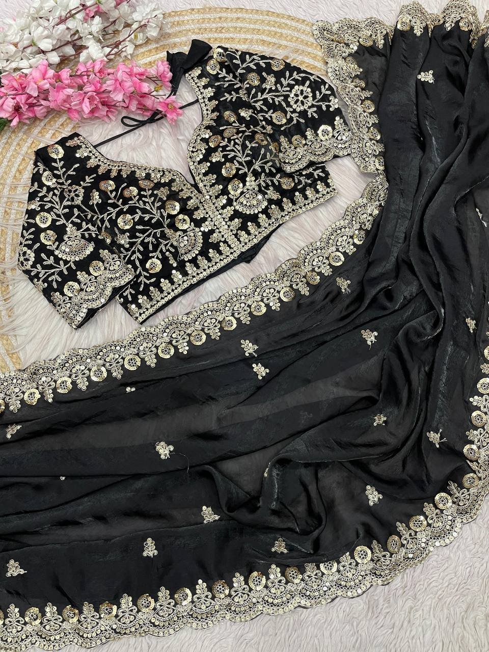 Black Zariwork & Heavy Sequins Embroidery Fandy Satin Silk Saree with Readymade Blouse (SC35317) - Image 2