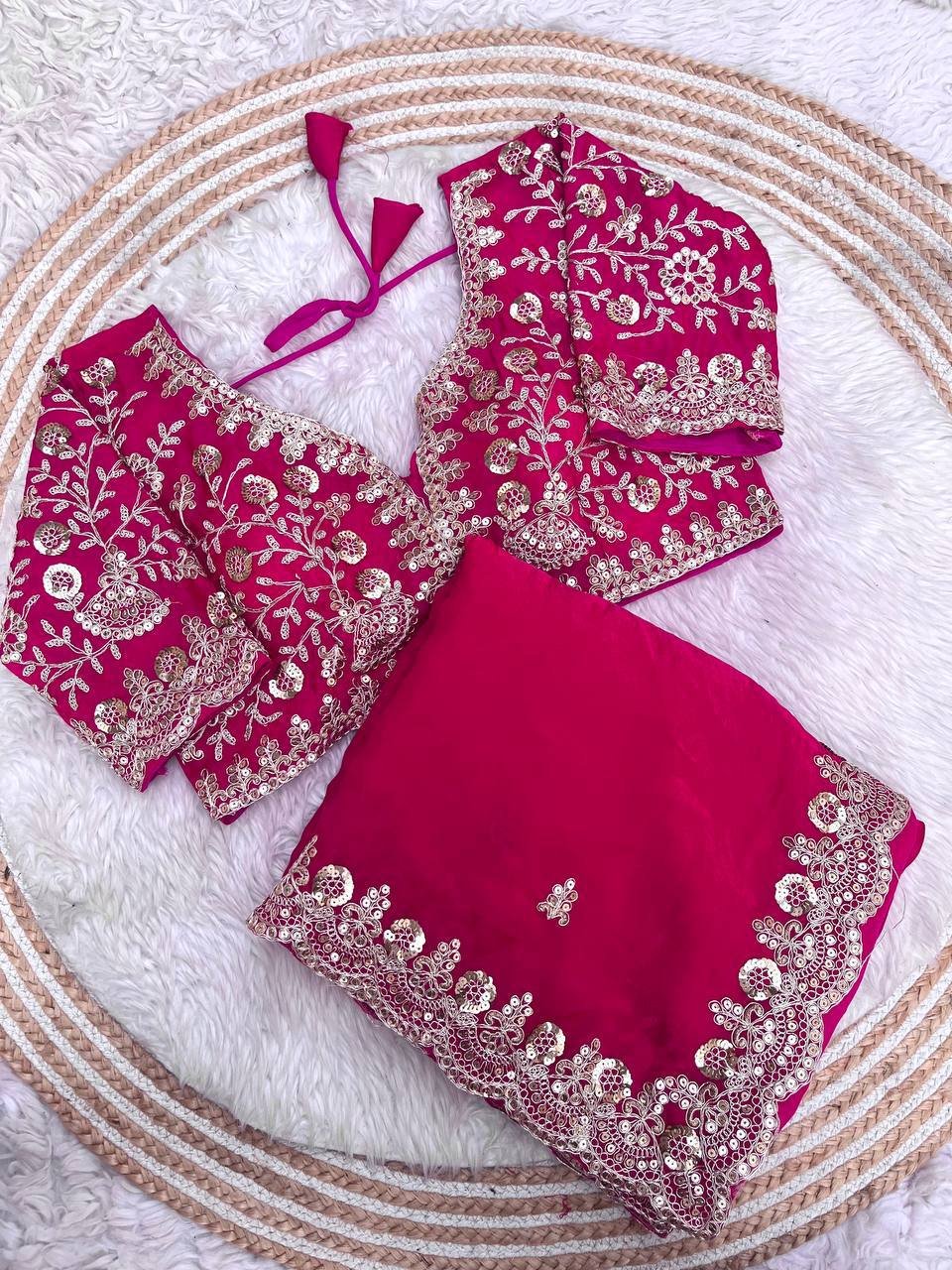 Pink Zariwork & Heavy Sequins Embroidery Fandy Satin Silk Saree with Readymade Blouse (SC35314)
