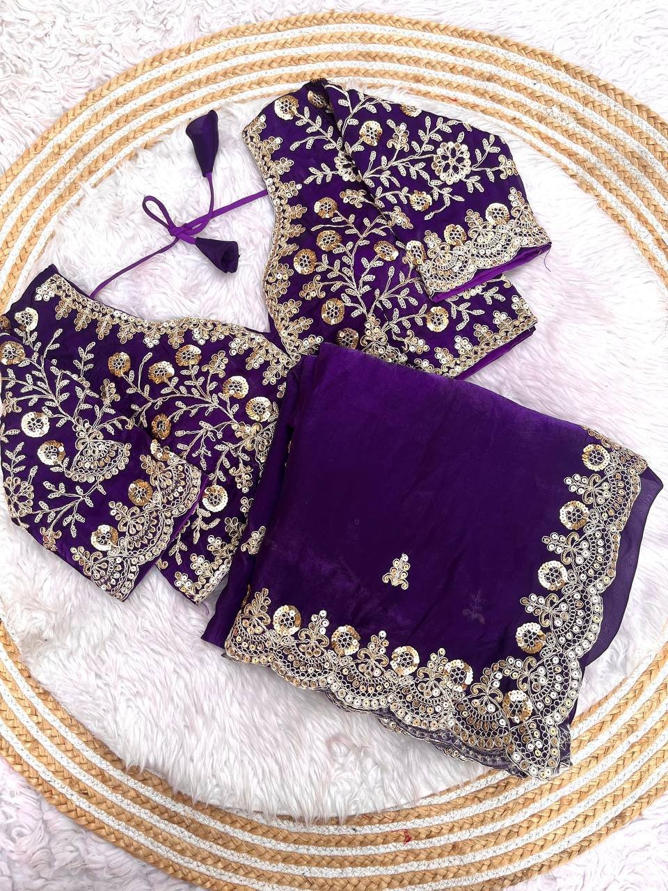 Purple Zariwork & Sequins Embroidery Fandy Satin Silk Saree (SC35231) - Image 11