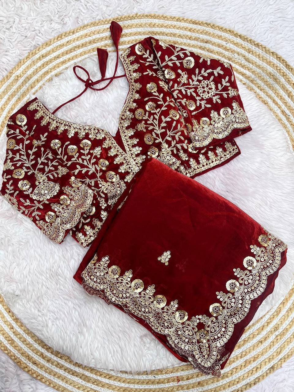 Maroon Zariwork & Heavy Sequins Embroidery Fandy Satin Silk Saree with Readymade Blouse (SC35316)