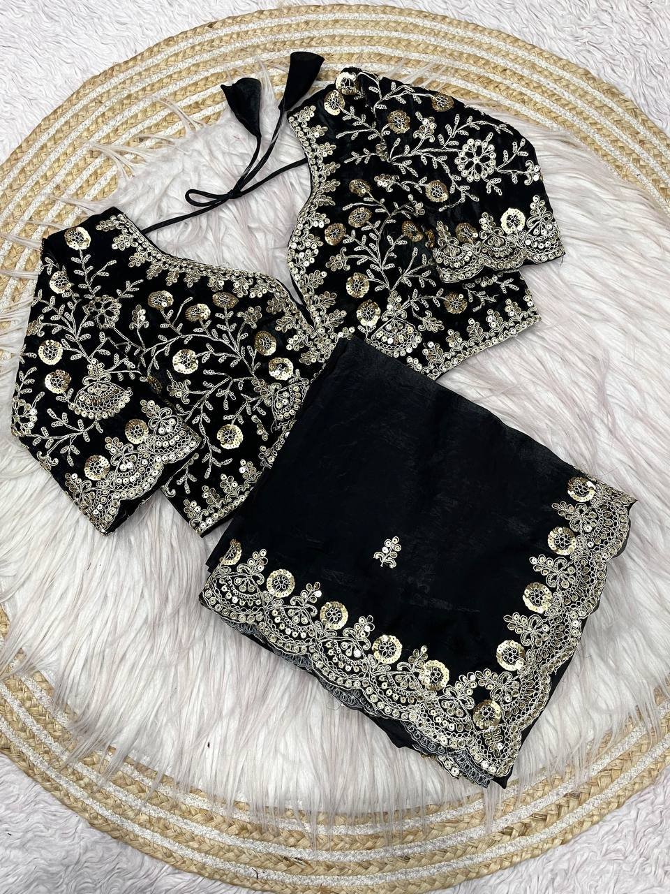 Black Zariwork & Heavy Sequins Embroidery Fandy Satin Silk Saree with Readymade Blouse (SC35317)