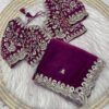 Magenta Wine Zariwork & Heavy Sequins Embroidery Fandy Satin Silk Saree with Readymade Blouse (SC35312)