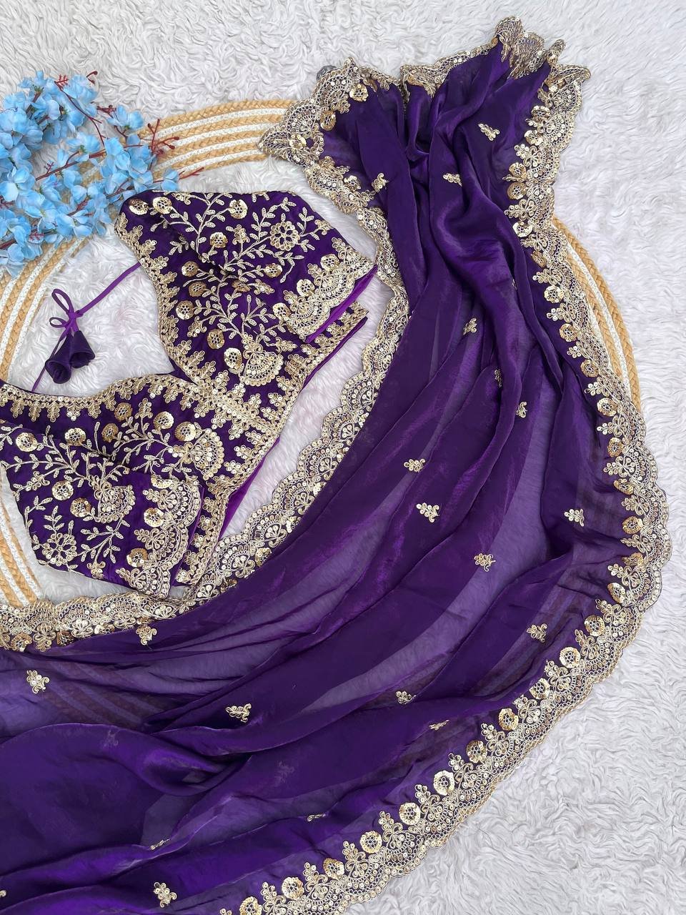 Purple Zariwork & Sequins Embroidery Fandy Satin Silk Saree (SC35231) - Image 12