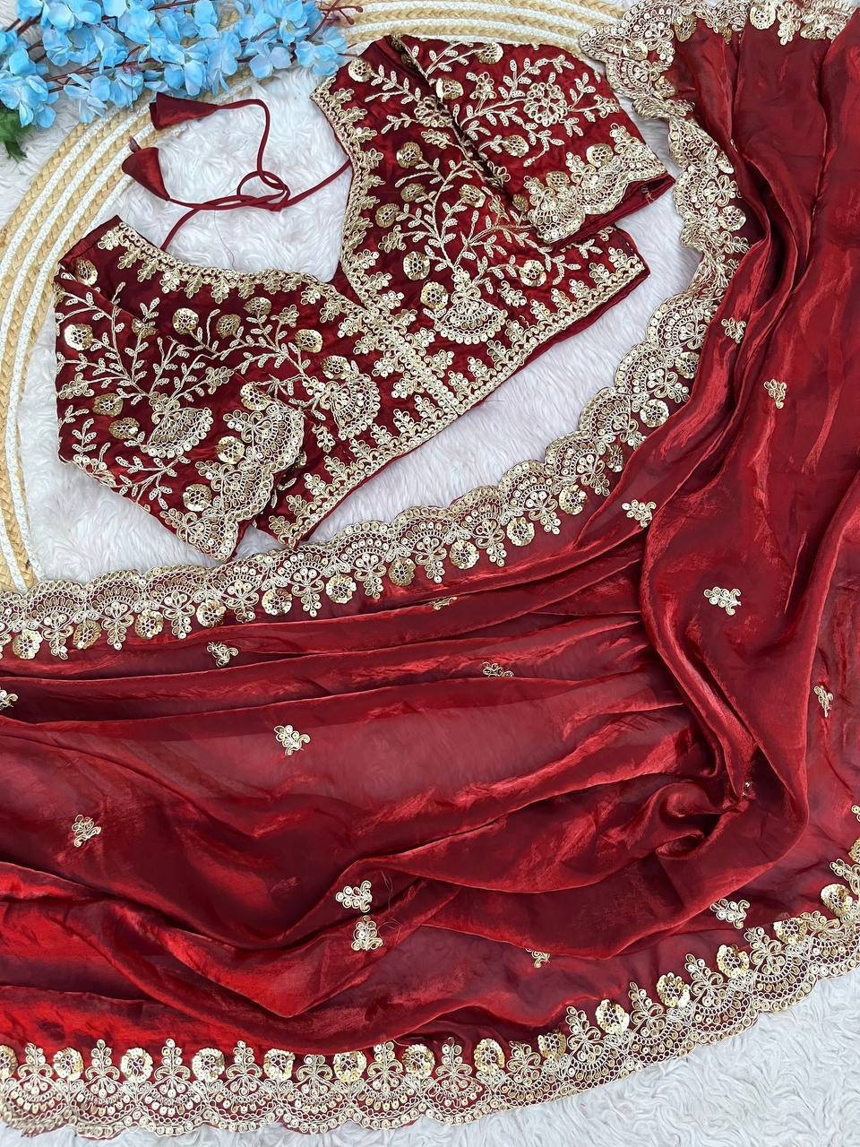 Maroon Zariwork & Heavy Sequins Embroidery Fandy Satin Silk Saree with Readymade Blouse (SC35316) - Image 2