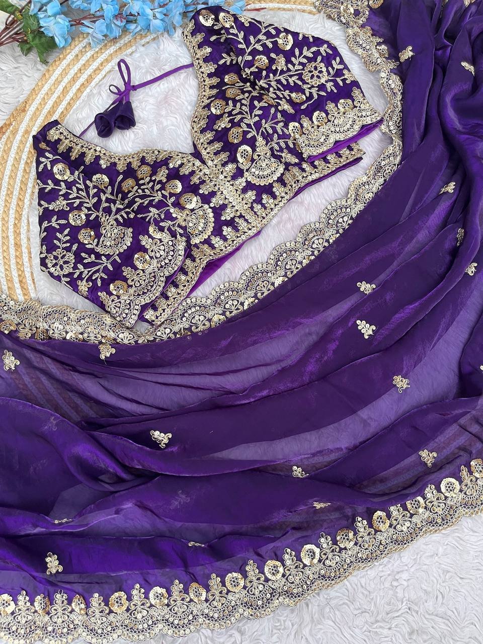 Purple Zariwork & Sequins Embroidery Fandy Satin Silk Saree (SC35231) - Image 13