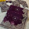 Luxury Wine Net Saree With Heavy Hand Embroidered Diamond Jarkan, Sequins Work with Readymade Blouse (SC55116)