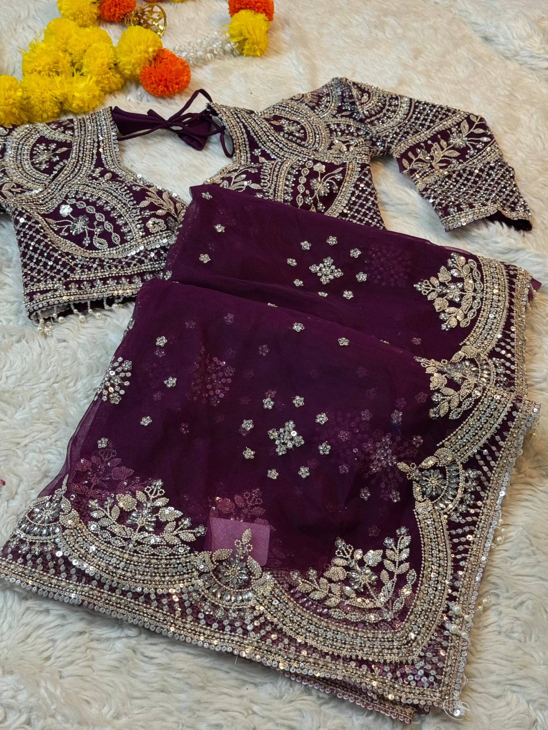 Luxury Wine Net Saree With Heavy Hand Embroidered Diamond Jarkan, Sequins Work with Readymade Blouse (SC55116)