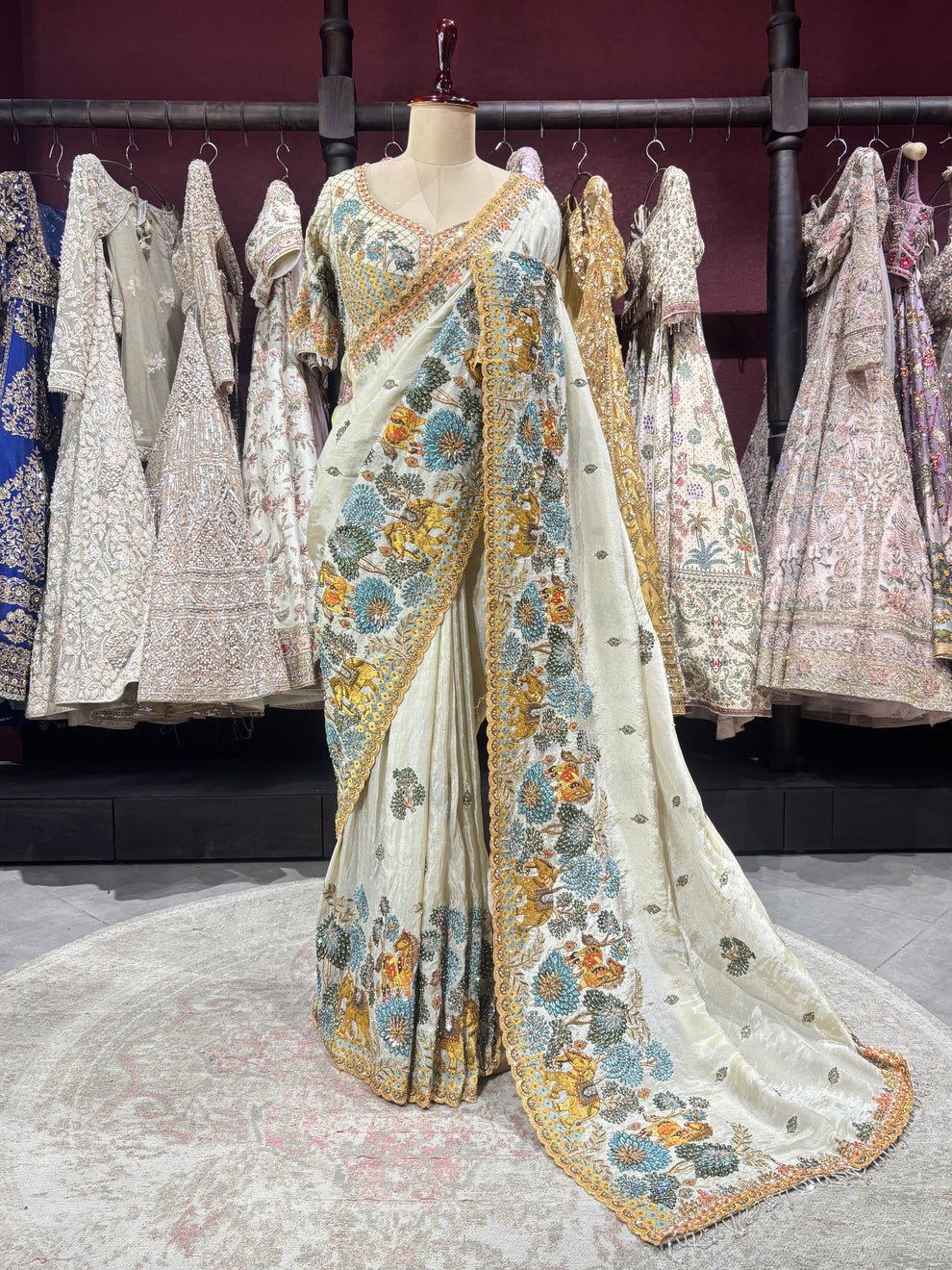 Royal Heritage Silk Saree with Zari, Sequins, Multi Thread Embroidery Work Saree & Stone Work with Readymade Blouse - Ivory (SC84111) - Image 9