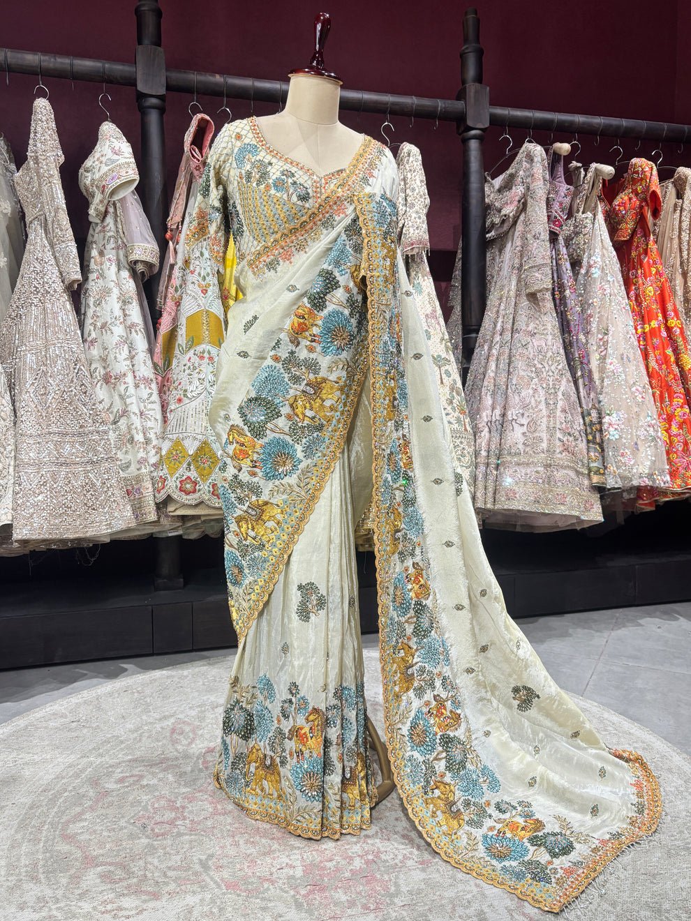 Royal Heritage Silk Saree with Zari, Sequins, Multi Thread Embroidery Work Saree & Stone Work with Readymade Blouse - Ivory (SC84111) - Image 7