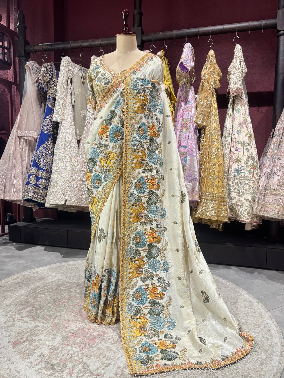 Royal Heritage Silk Saree with Zari, Sequins, Multi Thread Embroidery Work Saree & Stone Work with Readymade Blouse - Ivory (SC84111) - Image 11