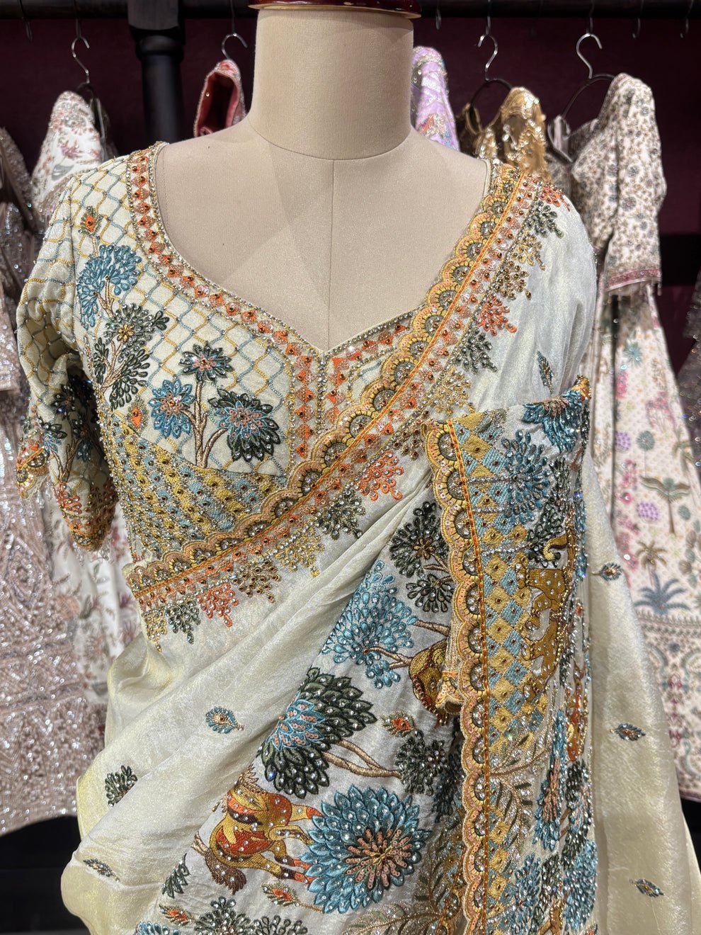 Royal Heritage Silk Saree with Zari, Sequins, Multi Thread Embroidery Work Saree & Stone Work with Readymade Blouse - Ivory (SC84111) - Image 8