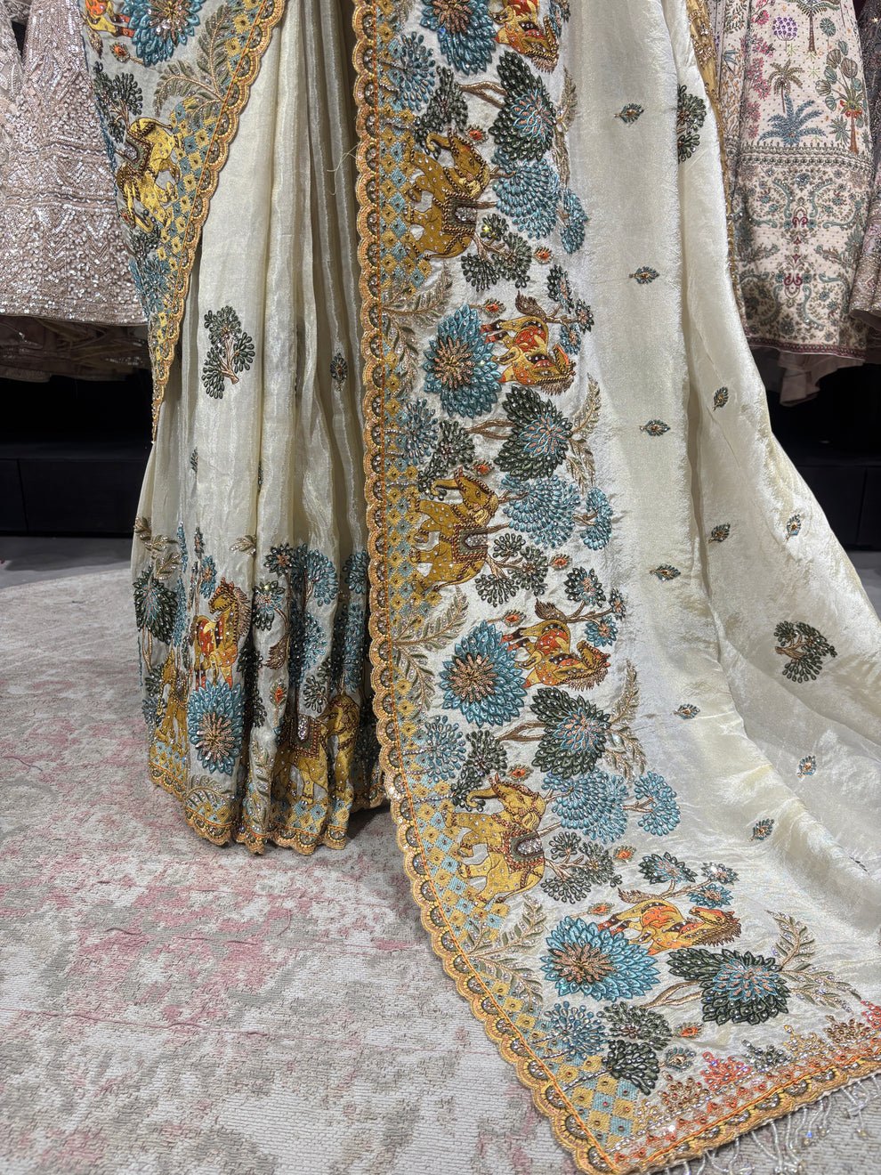 Royal Heritage Silk Saree with Zari, Sequins, Multi Thread Embroidery Work Saree & Stone Work with Readymade Blouse - Ivory (SC84111) - Image 13