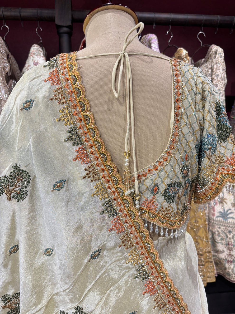Royal Heritage Silk Saree with Zari, Sequins, Multi Thread Embroidery Work Saree & Stone Work with Readymade Blouse - Ivory (SC84111) - Image 10