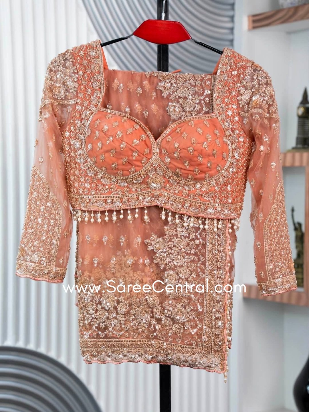Luxury Designer Soft Net Saree with Heavy Cutdana Beads & Sequins Embroidery Work Saree with Readymade Blouse - Peach (SC49112)
