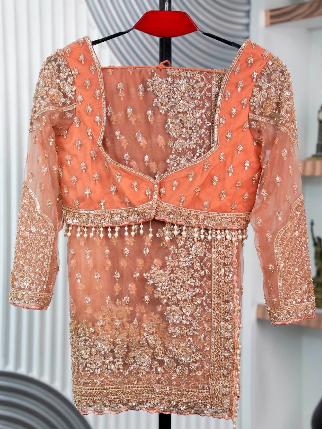 Luxury Designer Soft Net Saree with Heavy Cutdana Beads & Sequins Embroidery Work Saree with Readymade Blouse - Peach (SC49112) - Image 2