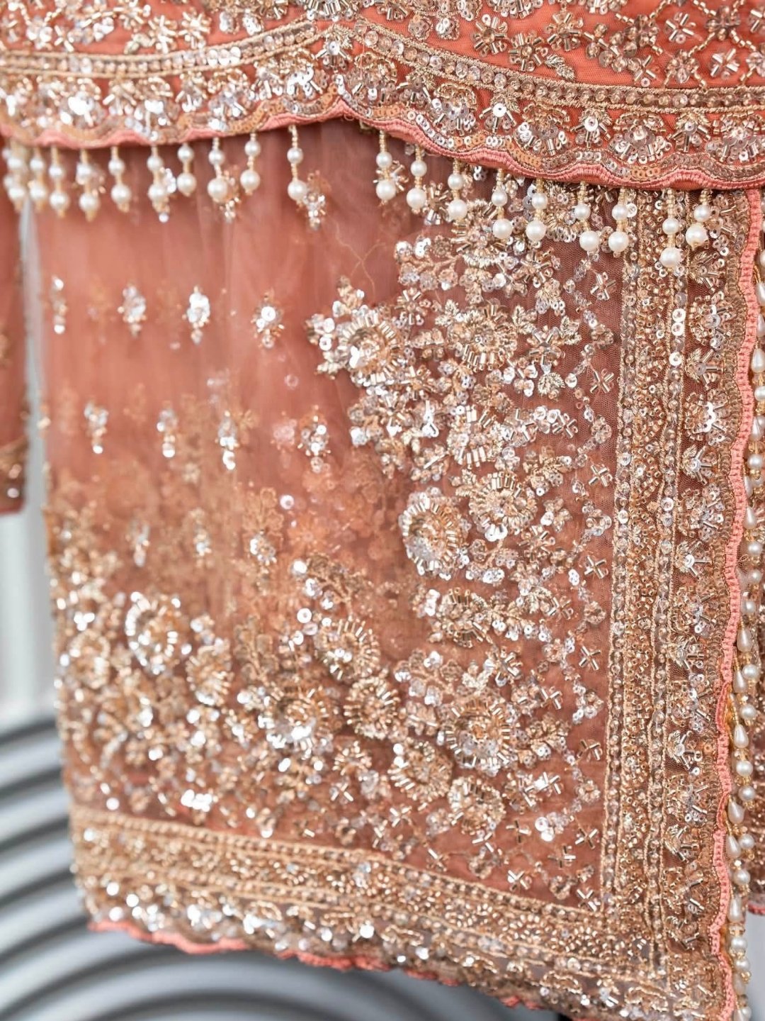 Luxury Designer Soft Net Saree with Heavy Cutdana Beads & Sequins Embroidery Work Saree with Readymade Blouse - Peach (SC49112) - Image 4