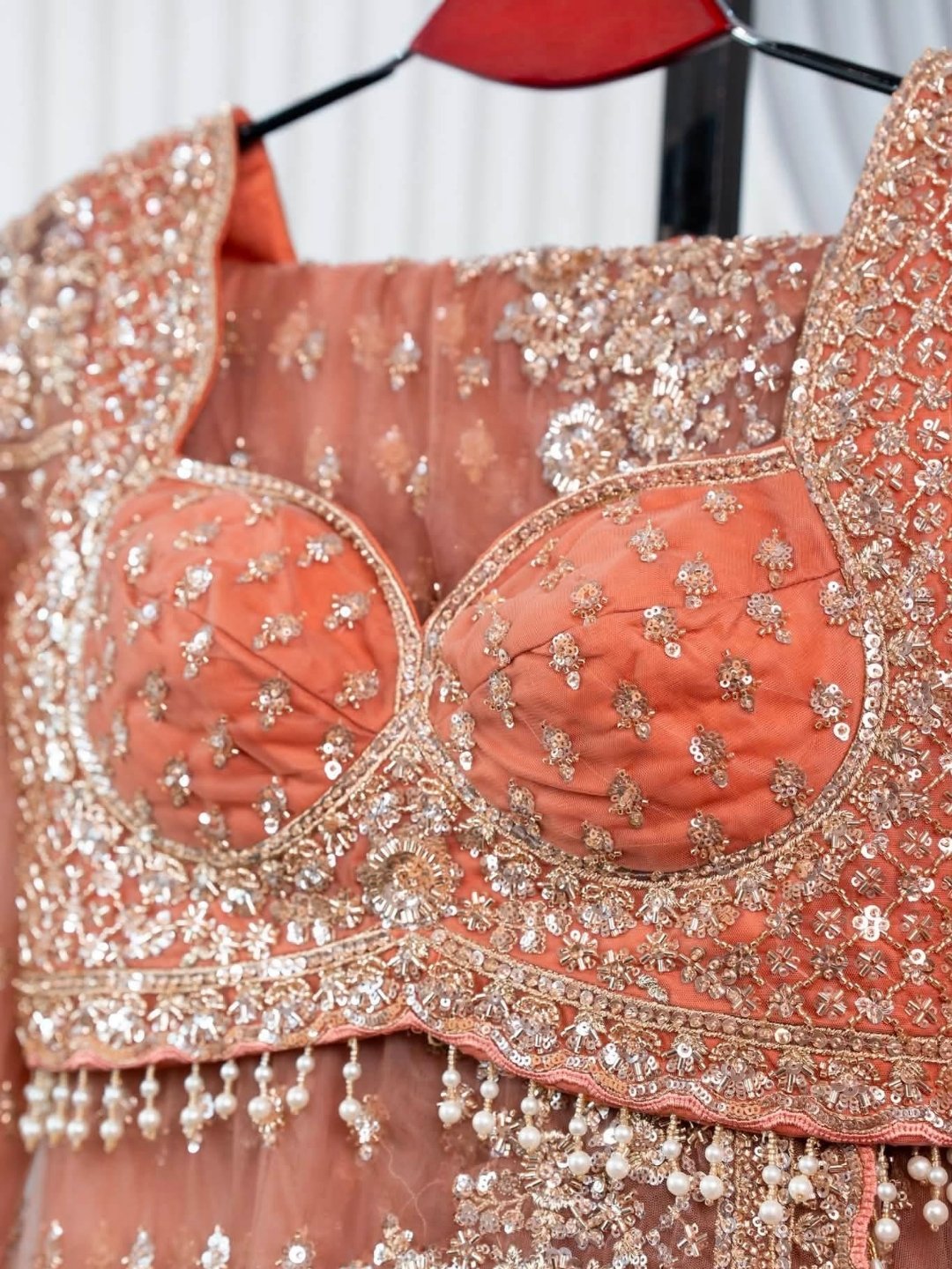 Luxury Designer Soft Net Saree with Heavy Cutdana Beads & Sequins Embroidery Work Saree with Readymade Blouse - Peach (SC49112) - Image 3