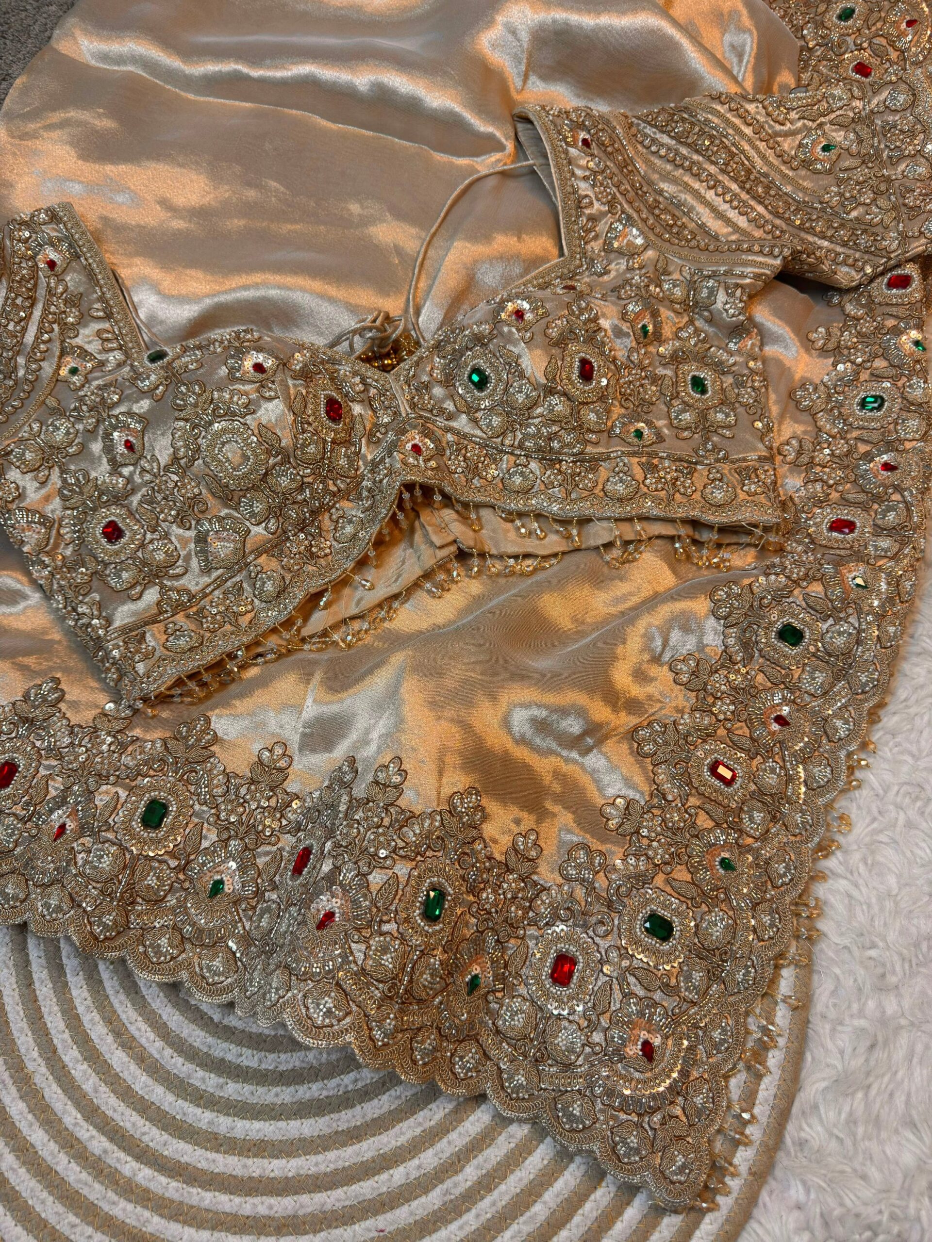 Luxury Designer Kanjivaram Tissue Silk Saree with Pearl, Sequins, Fine Thread Embroidery Work Saree & Stone Work with Readymade Blouse - Champagne Gold (SC37111)