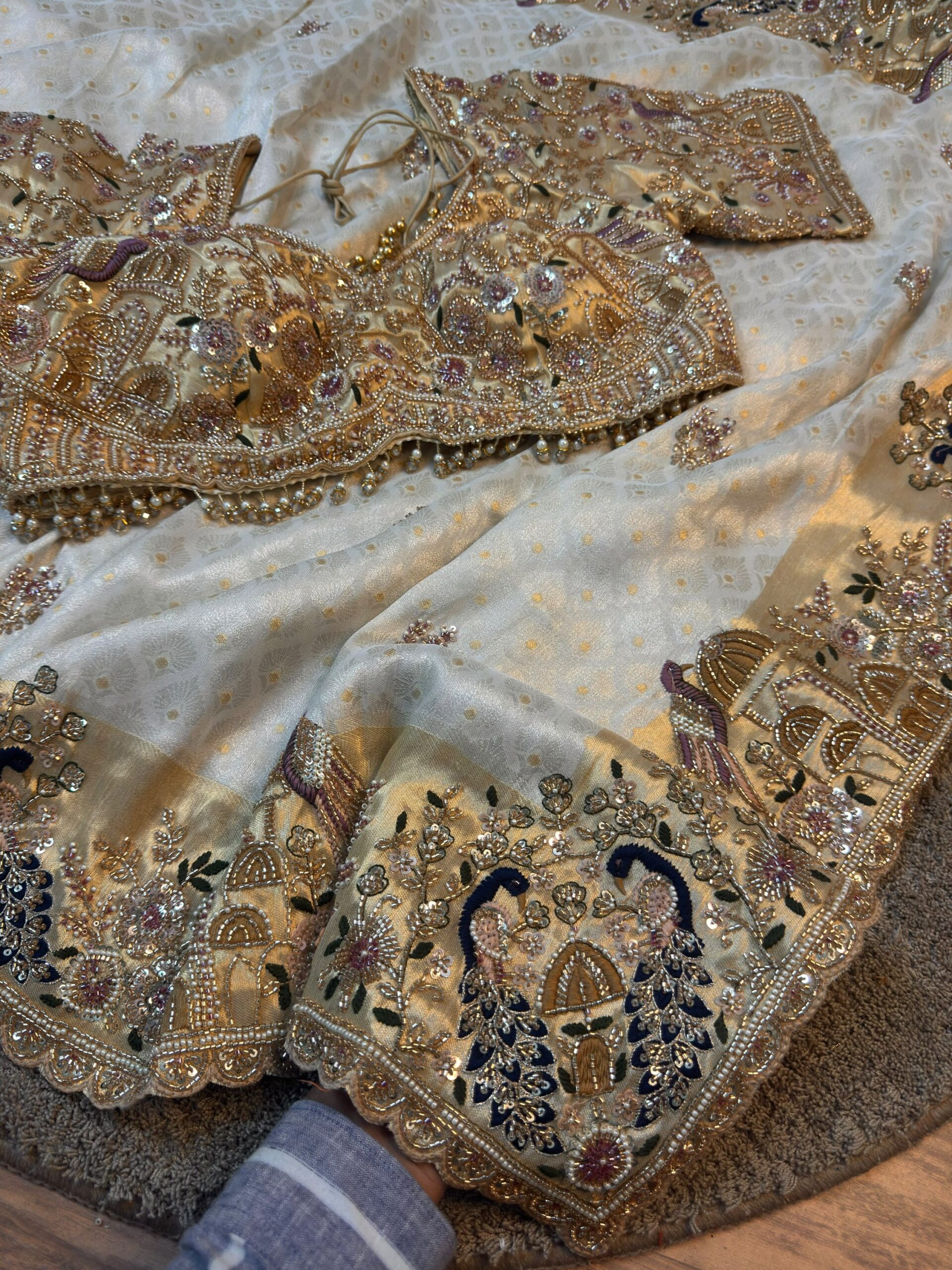 Luxury Jacquard Silk Saree with Pearl, Sequins, Cutdana Beads & Intricate Embroidery Work with Readymade Blouse - Ivory Cream Gold (SC89111)