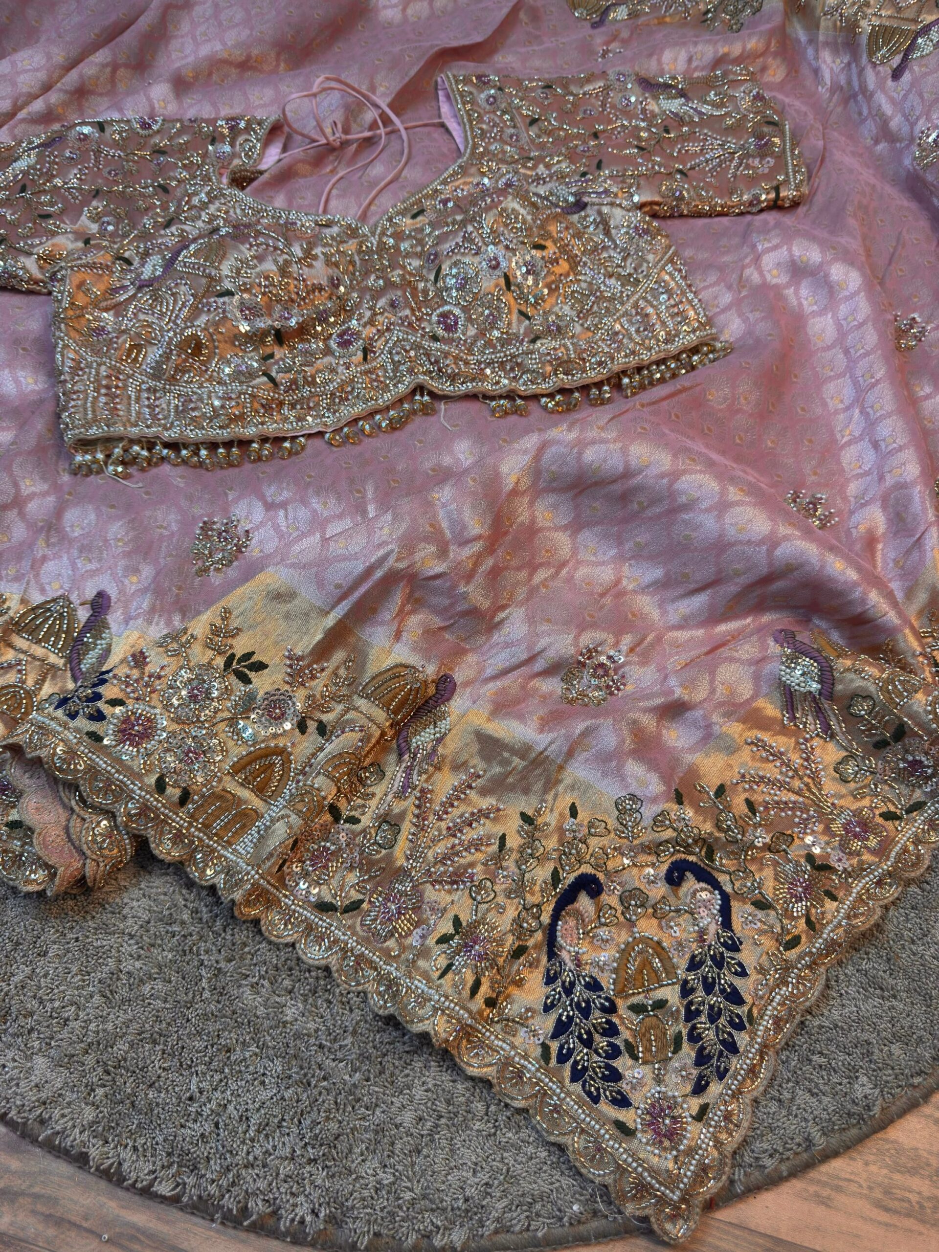 Luxury Jacquard Silk Saree with Pearl, Sequins, Cutdana Beads & Intricate Embroidery Work with Readymade Blouse - Light Coral Pink Gold (SC89112)