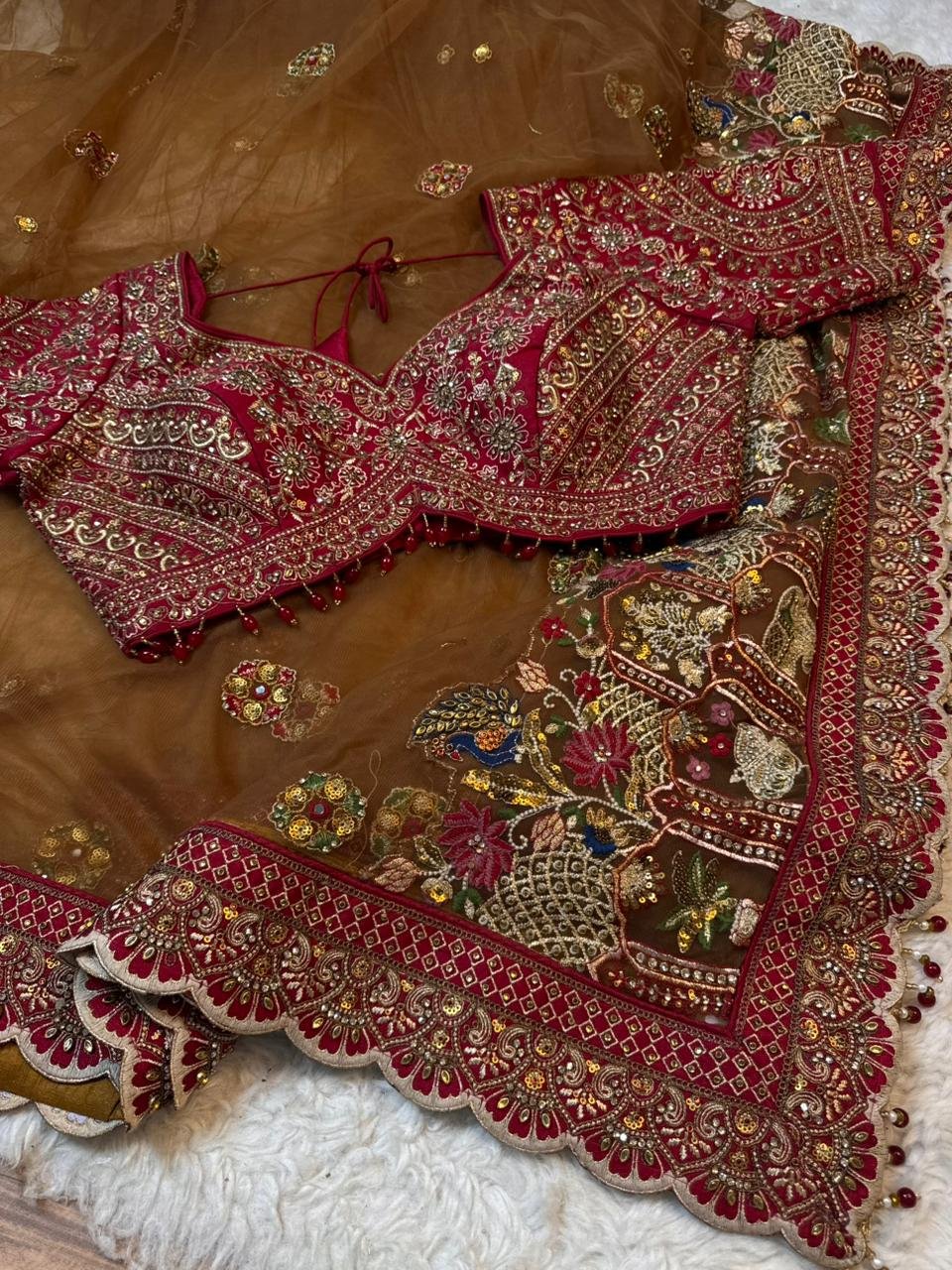Rajwadi Luxury Cinnamon Net Saree with sequins and stone work, intricately woven into rich motifs with Readymade Blouse - Amber Brown (SC77551)