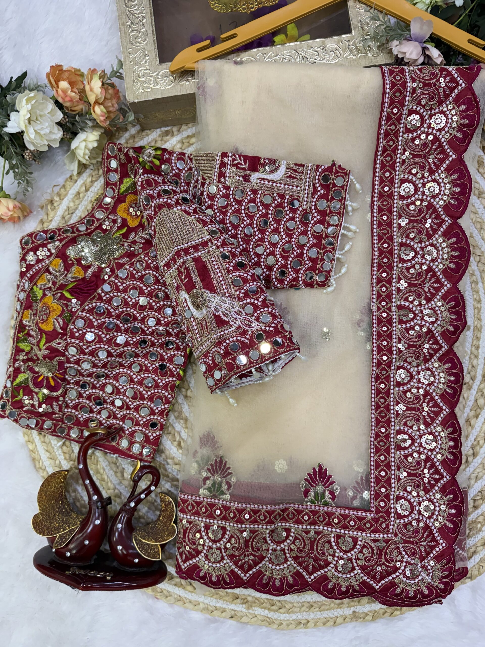 Rajwadi Luxury Soft Net Saree with Sequins and Multi thread Embroidery Work with Readymade Blouse - Cream (SC77542)