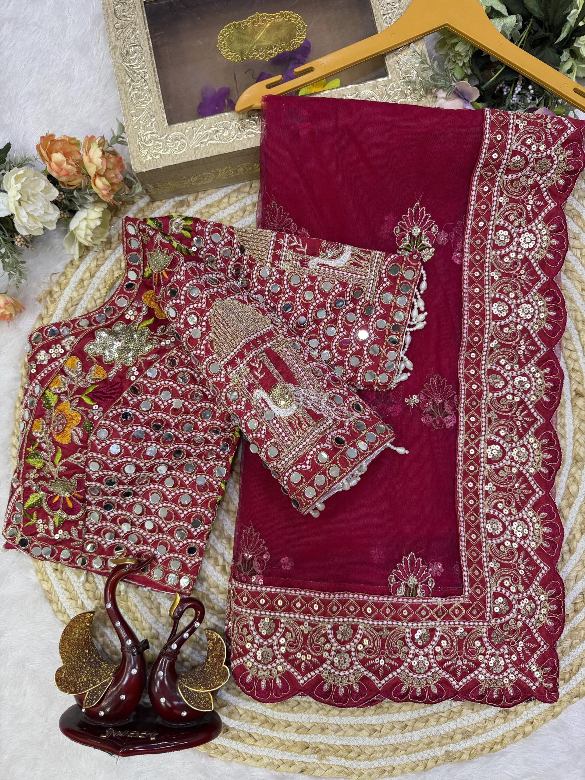 Rajwadi Luxury Soft Net Saree with Sequins and Multi thread Embroidery Work with Readymade Blouse - Rani Pink (SC77541)