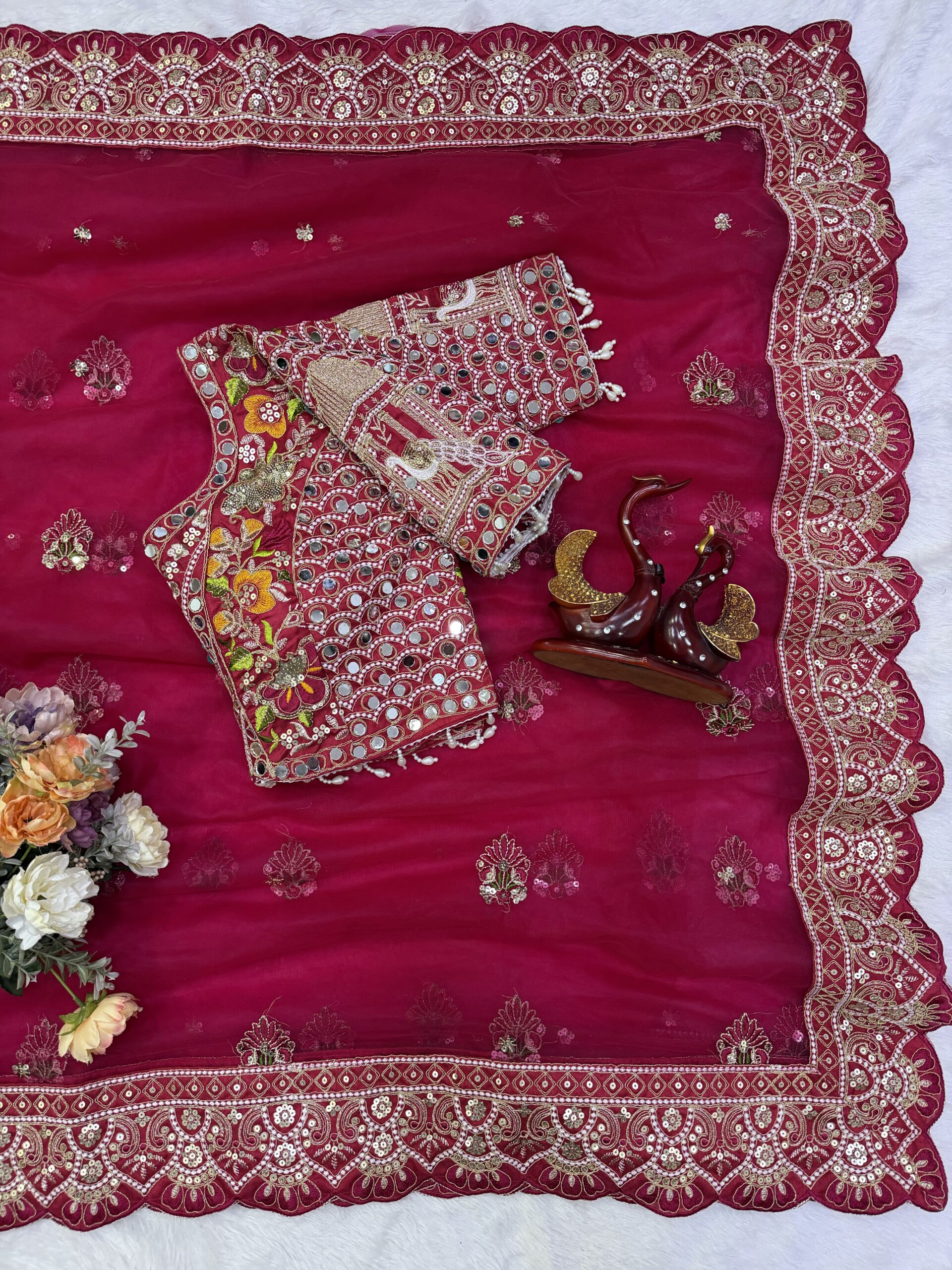 Rajwadi Luxury Soft Net Saree with Sequins and Multi thread Embroidery Work with Readymade Blouse - Rani Pink (SC77541) - Image 2