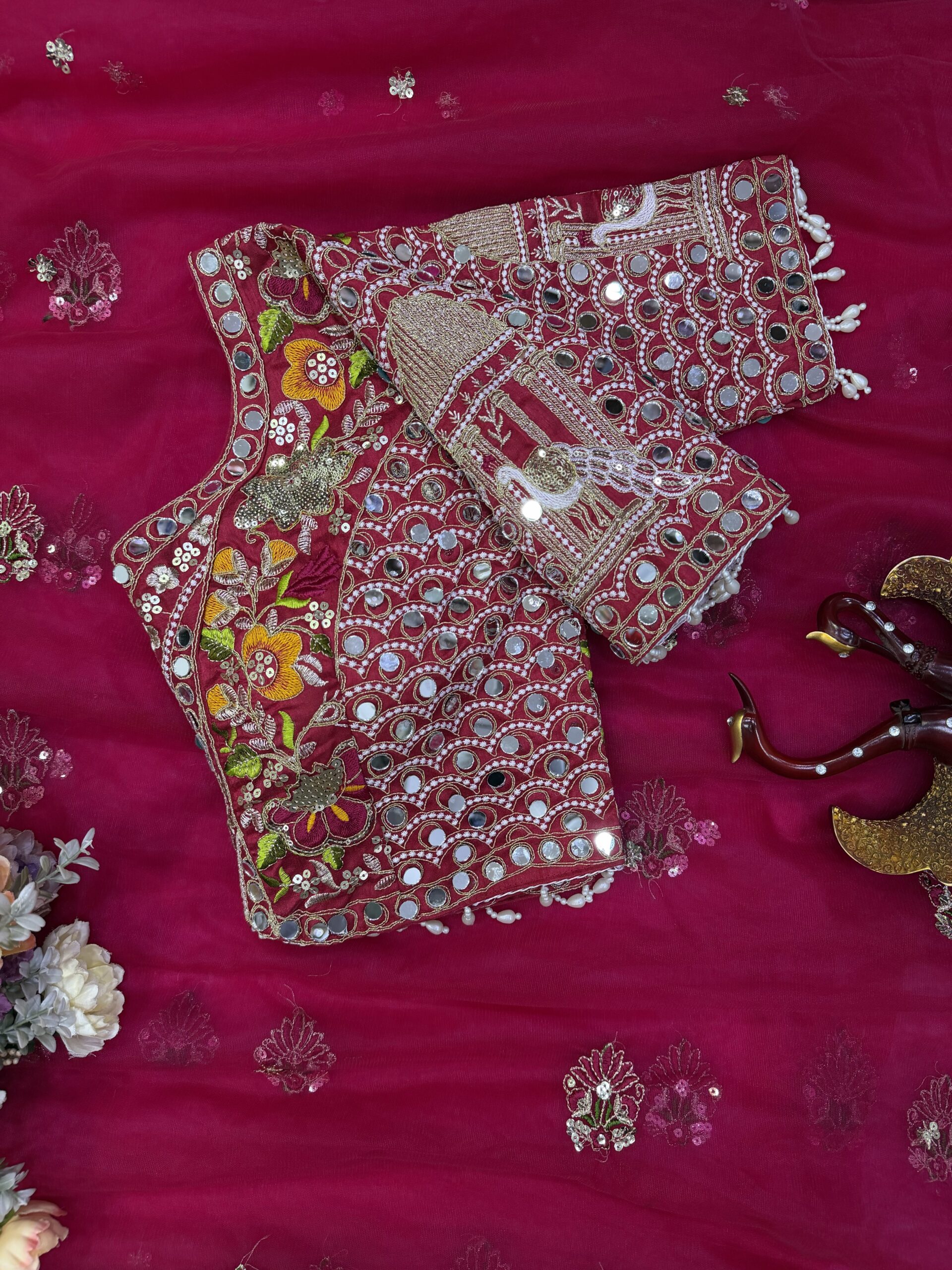 Rajwadi Luxury Soft Net Saree with Sequins and Multi thread Embroidery Work with Readymade Blouse - Rani Pink (SC77541) - Image 4