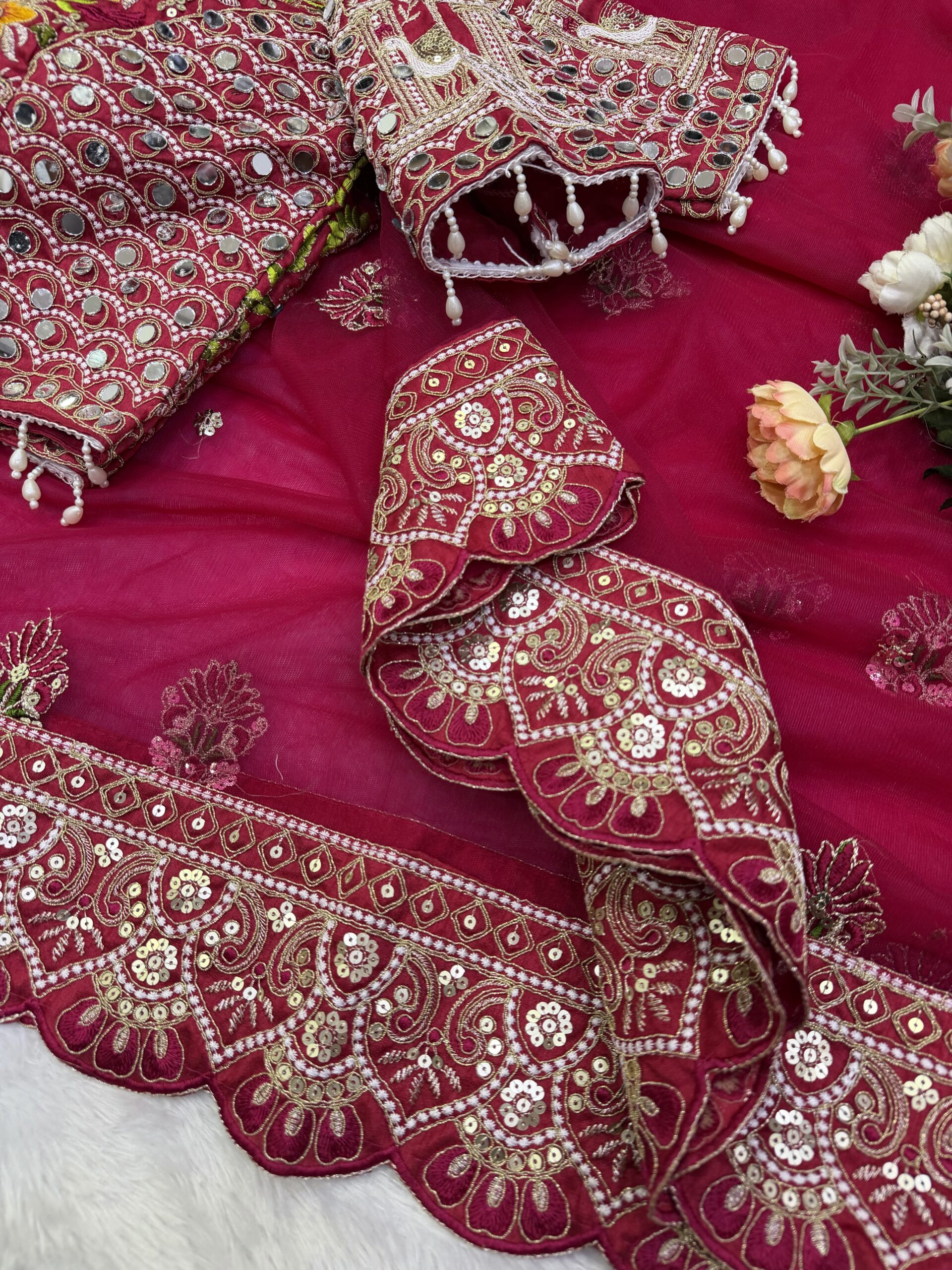 Rajwadi Luxury Soft Net Saree with Sequins and Multi thread Embroidery Work with Readymade Blouse - Rani Pink (SC77541) - Image 3