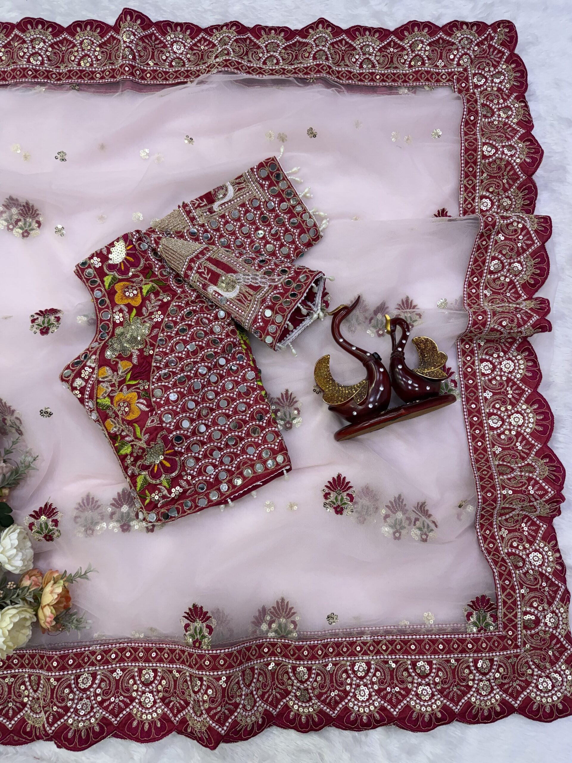 Rajwadi Luxury Soft Net Saree with Sequins and Multi thread Embroidery Work with Readymade Blouse - Light Pink (SC77543) - Image 3