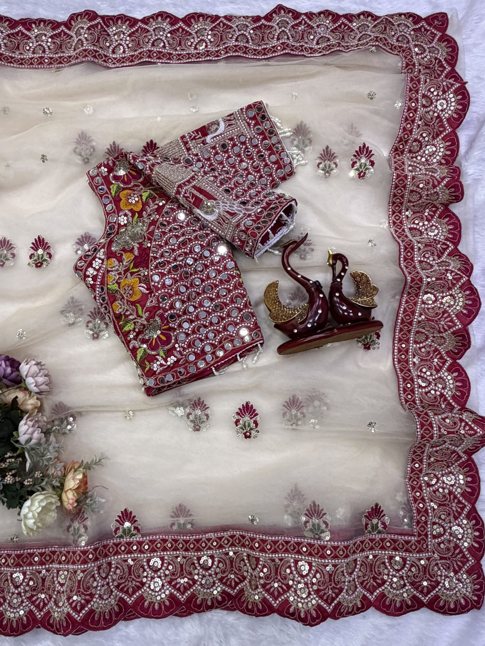 Rajwadi Luxury Soft Net Saree with Sequins and Multi thread Embroidery Work with Readymade Blouse - Cream (SC77542) - Image 2