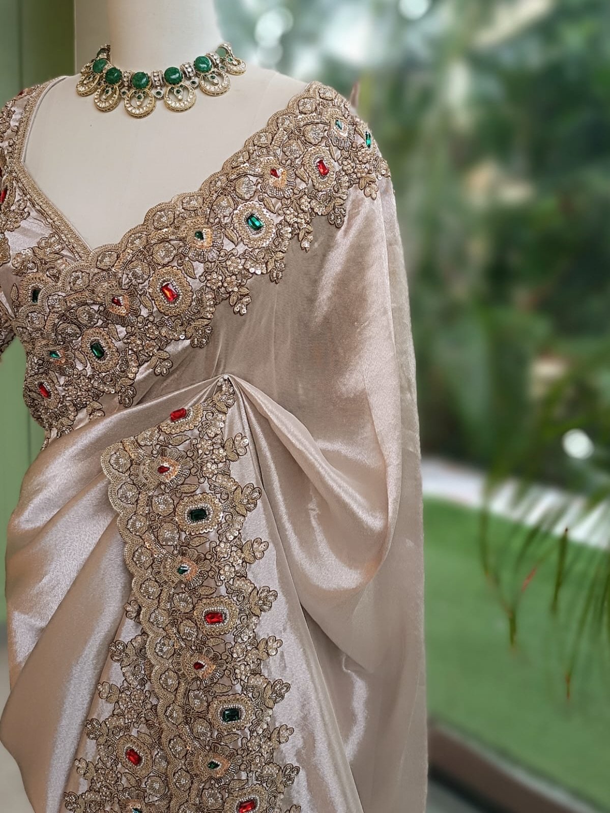 Luxury Designer Kanjivaram Tissue Silk Saree with Pearl, Sequins, Fine Thread Embroidery Work Saree & Stone Work with Readymade Blouse - Champagne Gold (SC37111)