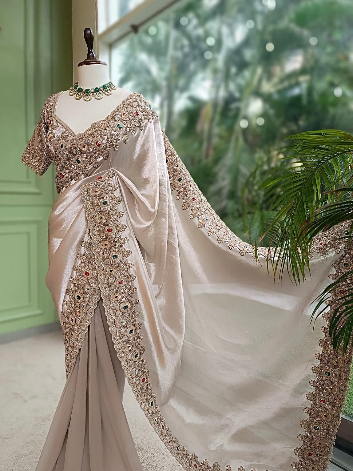 Luxury Designer Kanjivaram Tissue Silk Saree with Pearl, Sequins, Fine Thread Embroidery Work Saree & Stone Work with Readymade Blouse - Champagne Gold (SC37111) - Image 2