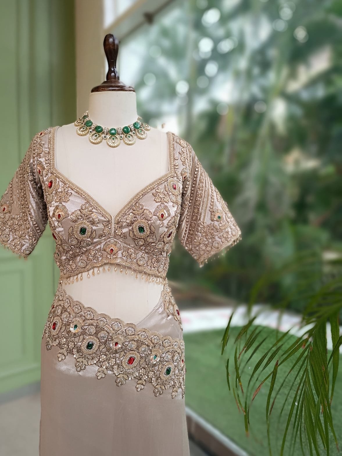 Luxury Designer Kanjivaram Tissue Silk Saree with Pearl, Sequins, Fine Thread Embroidery Work Saree & Stone Work with Readymade Blouse - Champagne Gold (SC37111) - Image 3