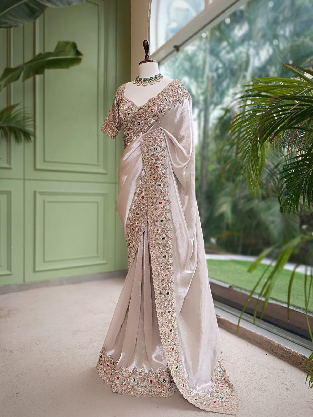 Luxury Designer Kanjivaram Tissue Silk Saree with Pearl, Sequins, Fine Thread Embroidery Work Saree & Stone Work with Readymade Blouse - Champagne Gold (SC37111) - Image 6