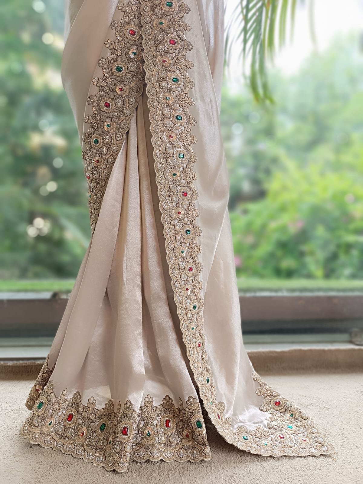 Luxury Designer Kanjivaram Tissue Silk Saree with Pearl, Sequins, Fine Thread Embroidery Work Saree & Stone Work with Readymade Blouse - Champagne Gold (SC37111) - Image 7