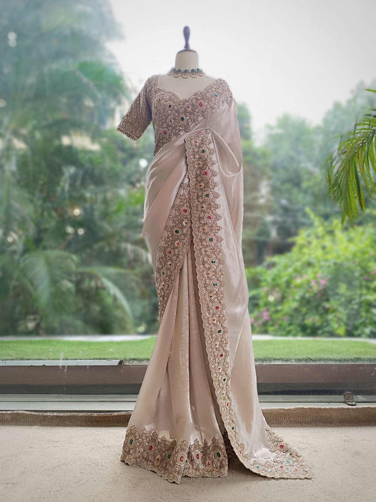 Luxury Designer Kanjivaram Tissue Silk Saree with Pearl, Sequins, Fine Thread Embroidery Work Saree & Stone Work with Readymade Blouse - Champagne Gold (SC37111) - Image 5