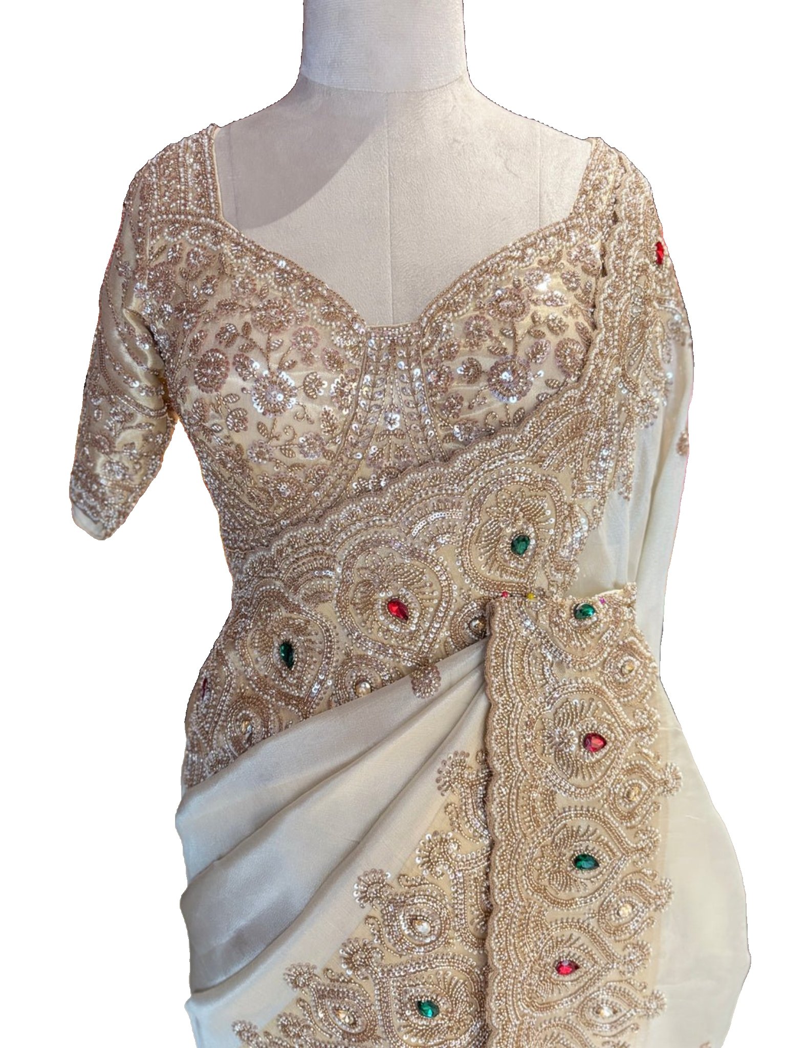 Luxury Designer Saree with Pearl, Sequins, Cutdana, Beads Embroidery Work Saree & Stone Work with Readymade Blouse - Ivory Gold (SC27118) - Image 2